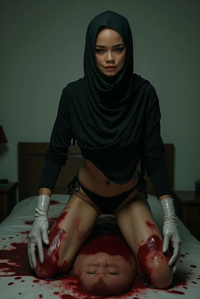 korean girl, (behind corpse, corpse has very big saggy breasts:1.4, ), blood splatter, bleeding from wounds, Cuts, slices:1.6, Nipples removed and bleeding:1.6, trickling red ink, carving her own flesh, blood:1.5, skin cuts:1.5, dripping:1.5, holding knife, stabbing, black gloves, room full of blood, transparent red raincoat, hood up, holding knife, black gloves, behind corpse, short hair, night, mass murderer, robbery, in the hospital, unzipped