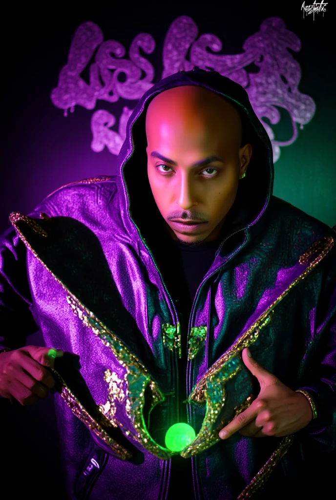  A Hip Hop Album Cover Art of A cinematic shot of a bald-headed urban wizard with a muscular build are 25 caramel brown skin tone ::5.1 . He is wearing a wizard robe and a Luxury fashion monogram with the colors red and purple. The text "NA LISTEN"::5.6 is displayed on the robe. The wizard is casting a spell and has a stoic expression. The background is dark. green neon energy power emanating from hands vibrant contrasting cityscape background. palette of purples, greens and reds to evoke a sinister yet retro feel. In the background, show a gritty urban scene. The a man should be in a dynamic pose, embodying his unpredictable and dangerous personality. Add classic comic book elements like a bo