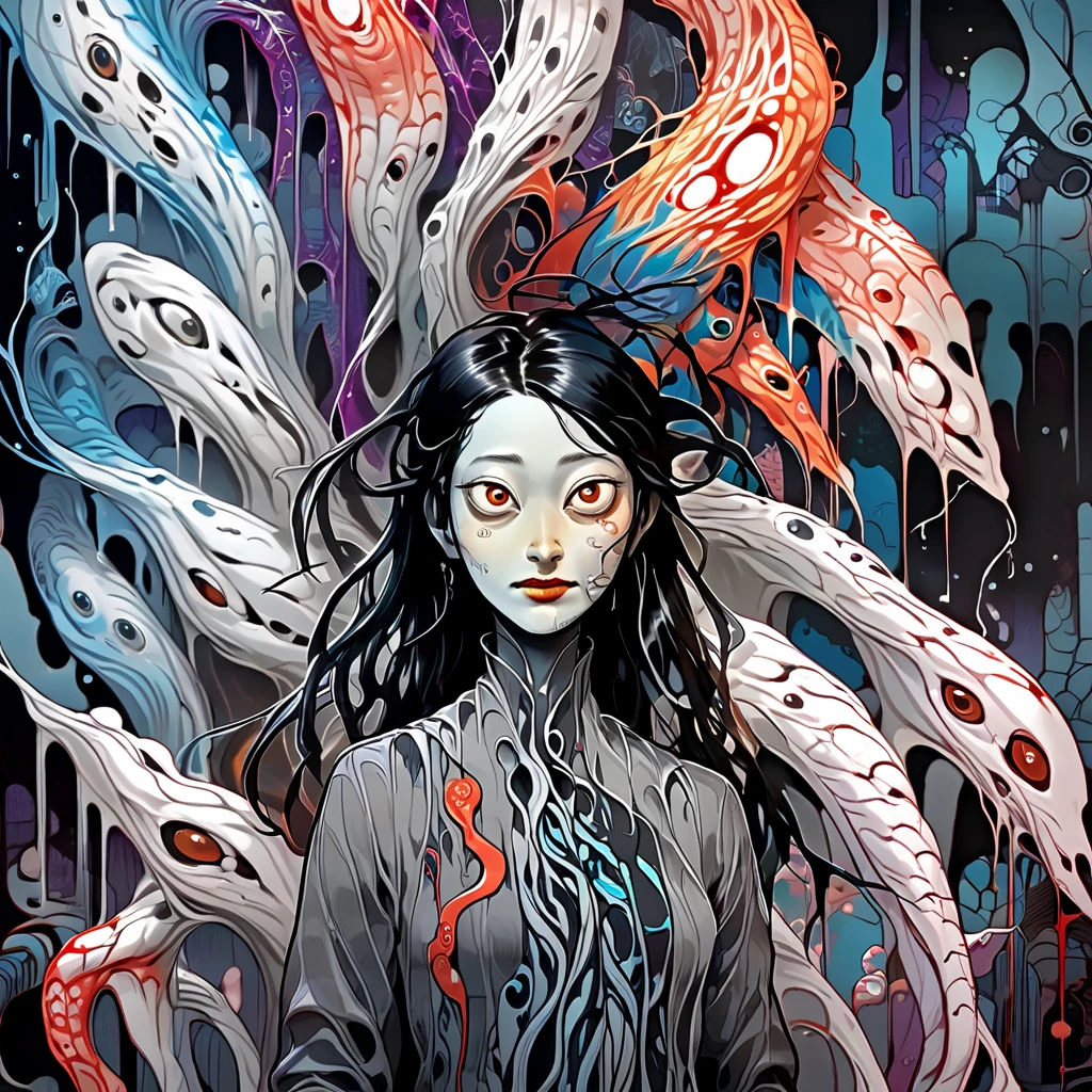 (vibrant cyberpunk-hued colors:1.4), dark and moody, (Victo Ngai inspired head and shoulders shot, ink wash, toon rendering of a beautiful Costa Rican woman smiling, colorful background with orchids and jellyfish) by Anita Bathe, Phil Lashio, Seymour Buttz, Wilma Dickfit, epic clouds, Unreal Engine, octane rendering, high quality, high resolution, high precision, realistic, color correction, good lighting settings, low noise, sharp edges, harmonious composition, award-winning work, surrealism, dark art by james jean and takato yamamoto , snakes in hairs 