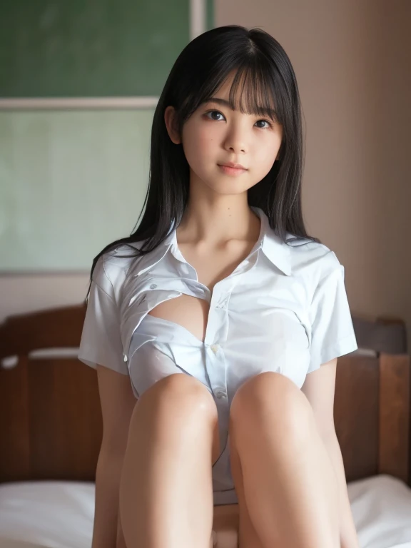 (((A cute high school girl wearing only a shirt with an open front on top of her naked))), Small breasts, cleavage, white lace panties, white shirt, (A white shirt that shows through the skin), one girl, solo, high resolution, masterpiece, top quality, anatomically correct, ((Describe from the knee to the top))