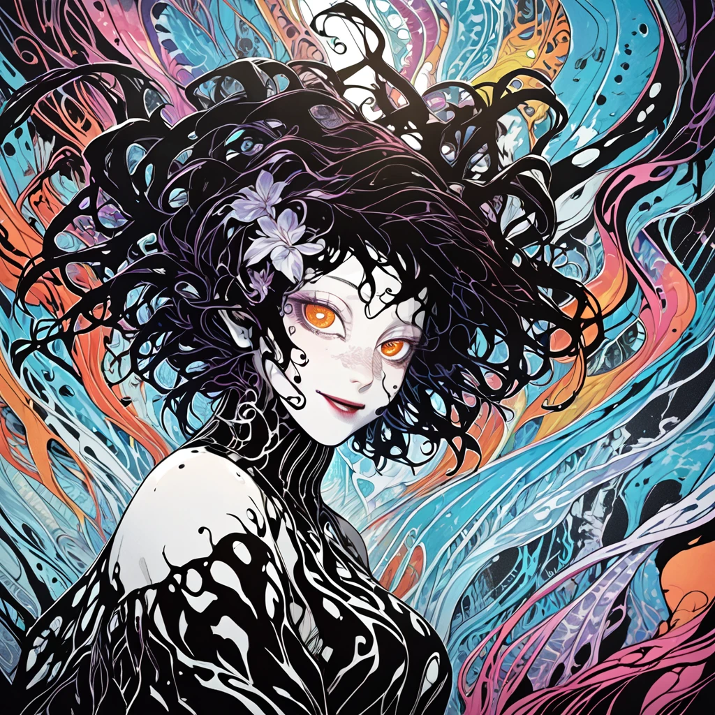 (vibrant cyberpunk-hued colors:1.4), dark and moody, (Victo Ngai inspired head and shoulders shot, ink wash, toon rendering of a beautiful Costa Rican woman smiling, colorful background with orchids and jellyfish) by Anita Bathe, Phil Lashio, Seymour Buttz, Wilma Dickfit, epic clouds, Unreal Engine, octane rendering, high quality, high resolution, high precision, realistic, color correction, good lighting settings, low noise, sharp edges, harmonious composition, award-winning work, surrealism, dark art by james jean and takato yamamoto , snakes in hairs 