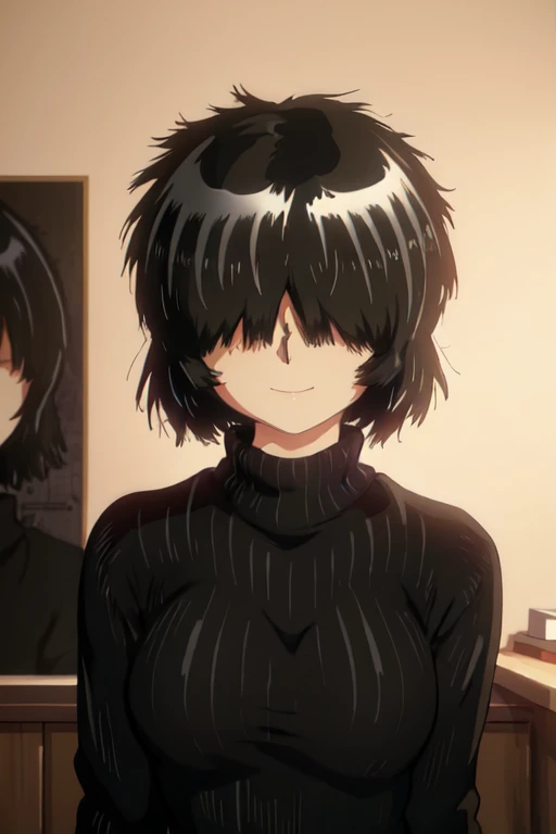 MikotoUrabe,  hair over the eyes ,black sweater,high neck,
( best quality ,  masterpiece ,  RAW photo, ultra detailed :1.2), 1 girl,Alone, looking at the viewer,smile