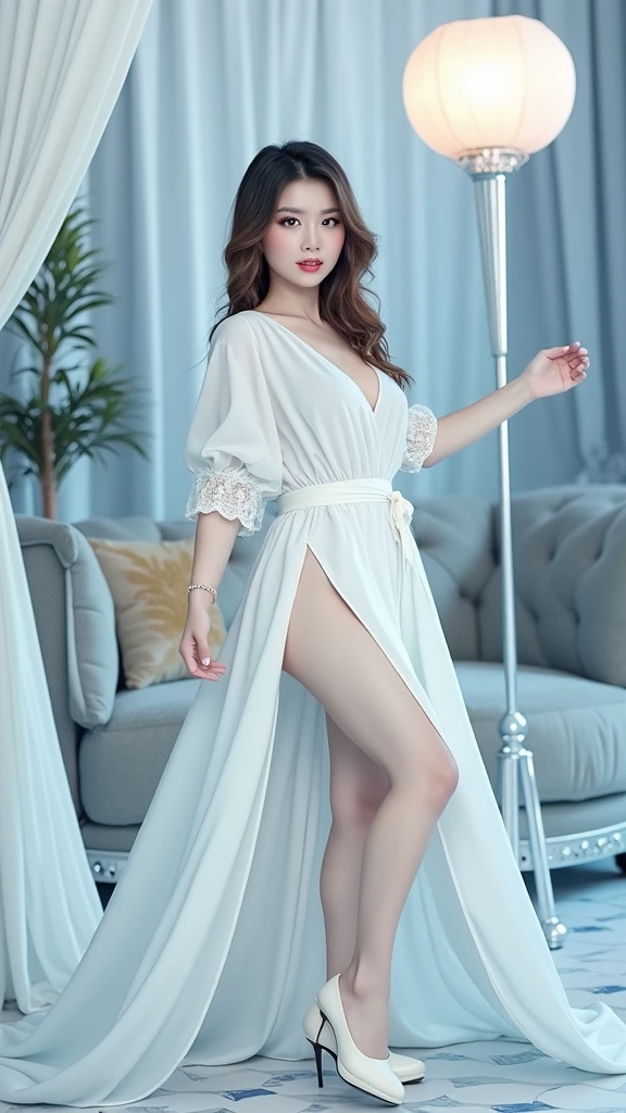 high quality, high resolution, high quality, best quality, 4k, 8k, 40 years old, mature Indonesian hijab woman, lace robe, pot belly, plump, sitting on the bed, with a white modern hotel bedroom background, proportional body, mature Indonesian woman,