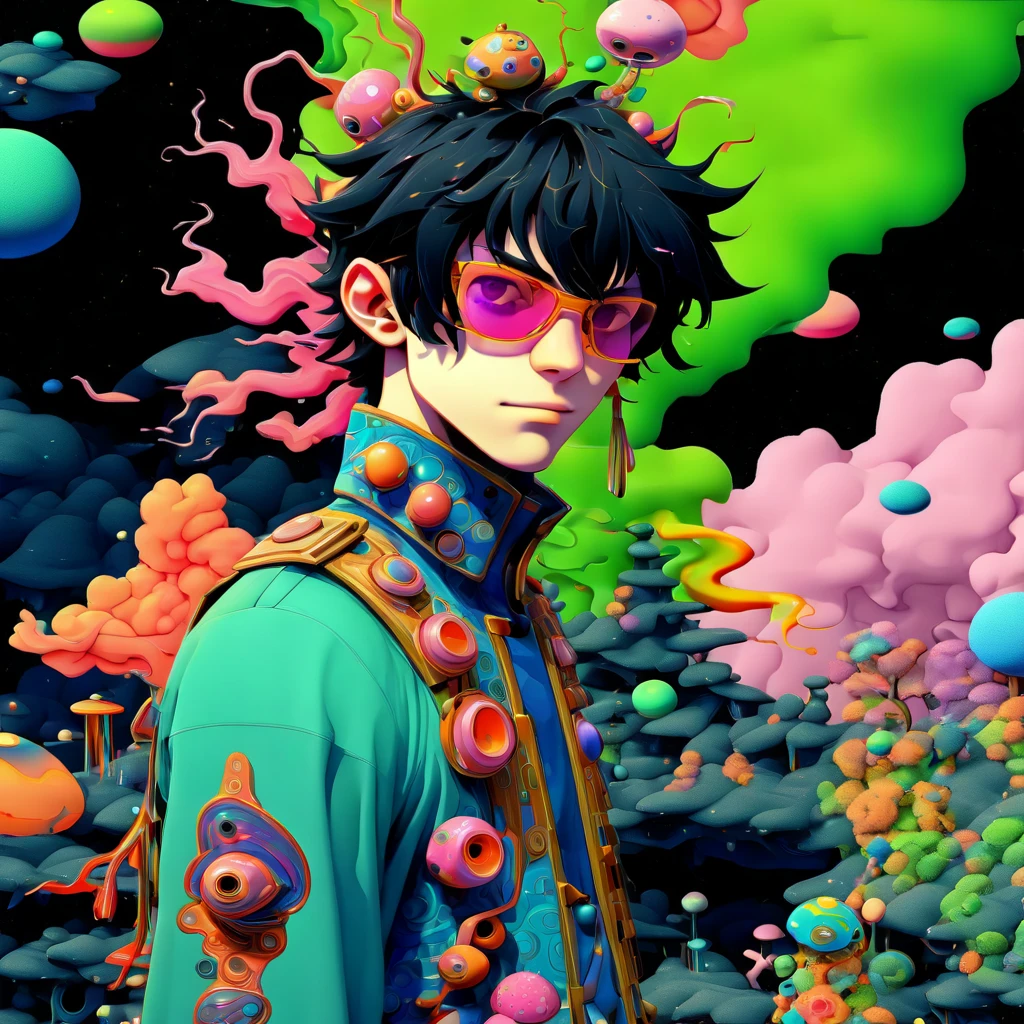 &quot;James Jean Simple&quot; Psychedelic Art，Mask ，Chasing in space , anime, anime, anime art, anime, anime comics, anime, anime art, anime, anime, anime, anime, anime, best anime 4k konachan wallpaper, Digital Cyberpunk - Anime Art, digital cyberpunk anime art, cyberpunk anime, anime cyberpunk art, cyberpunk anime art, anime cyberpunk, digital cyberpunk anime!!, metal gear solid anime cyberpunk, male police , leather (vibrant cyberpunk-hued colors:1.4), dark and moody, (Victo Ngai inspired head and shoulders shot, ink wash, toon rendering of a beautiful Costa Rican woman smiling, colorful background with orchids and jellyfish) by Anita Bathe, Phil Lashio, Seymour Buttz, Wilma Dickfit, epic clouds, Unreal Engine, octane rendering, high quality, high resolution, high precision, realistic, color correction, good lighting settings, low noise, sharp edges, harmonious composition, award-winning work, surrealism, dark art by james jean and takato yamamoto Moebius (Jean Giraud) Style - A captivating portrait by Jean Giraud Moebius, ((masterpiece)), ((best quality)), (highest quality masterpiece), (masterpiece), (masterpiece, best quality), Psychedelic Abstract Art, puzzling, melt, Bright colors, Michael DeForge (Michael Deforge) Inspired by Pop Art, Mumford, tumblr, Psychedelic Art, Psychedelic illustration, Psychedelic Trip, Psychedelic Trip, retro Psychedelic illustration, Psychedelic Art style, psychedelic style, Surreal psychedelic design, LSD Trip, Psychedelic Fever Dream, psychedelics, Shaman horror LSD art, psychedelics. PsyAI, Psychedelic, Visionary art, DMT, and LSD style by Moebius.       Art style by Shintaro Kago, A character with a surreal, fragmented face, where each piece is rearranged like a puzzle. The skin is porcelain-like with unnatural, glossy reflections. Some pieces are missing, revealing a complex machinery beneath, juxtaposing organic and mechanical elements. The background is a chaotic, black-and-white geometric pattern that distorts perspective.