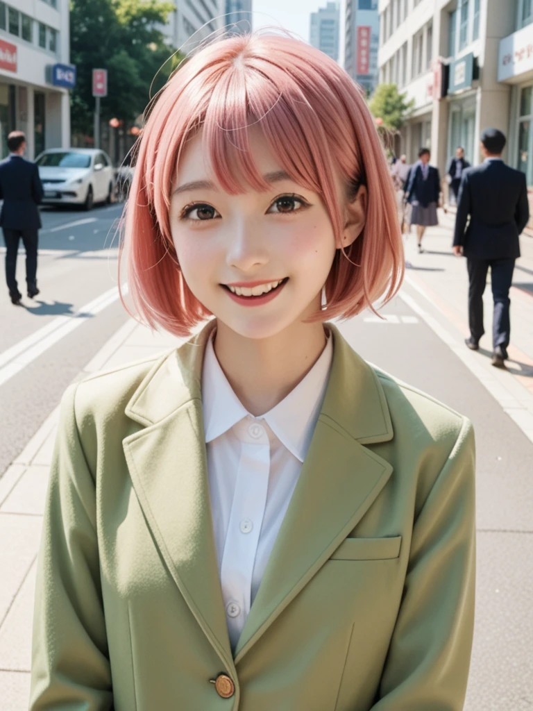 8k, real, realistic , Japanese, cute girl,Cute idol, high school girl, blazer,pea coat, and a surprised smile,Uniform Dating , short hair, bright pink hair color, red with inner color ,congestion,City.