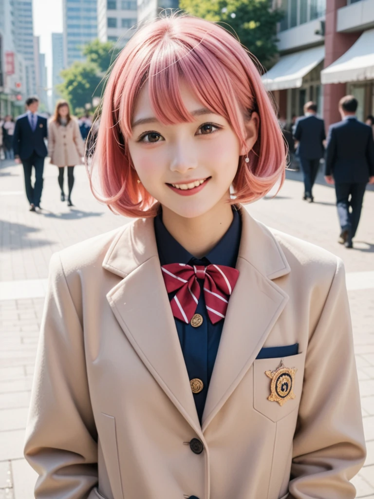 8k, real, realistic , Japanese, cute girl,Cute idol, high school girl, blazer,pea coat, and a surprised smile,Uniform Dating , short hair, bright pink hair color, red with inner color ,congestion,City.