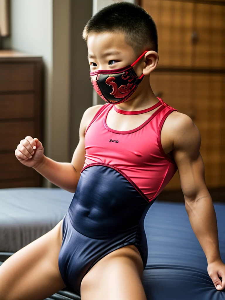 Boy, 10, Chinese, Leotard, Muscular, Wearing A Mask, Medium Chest