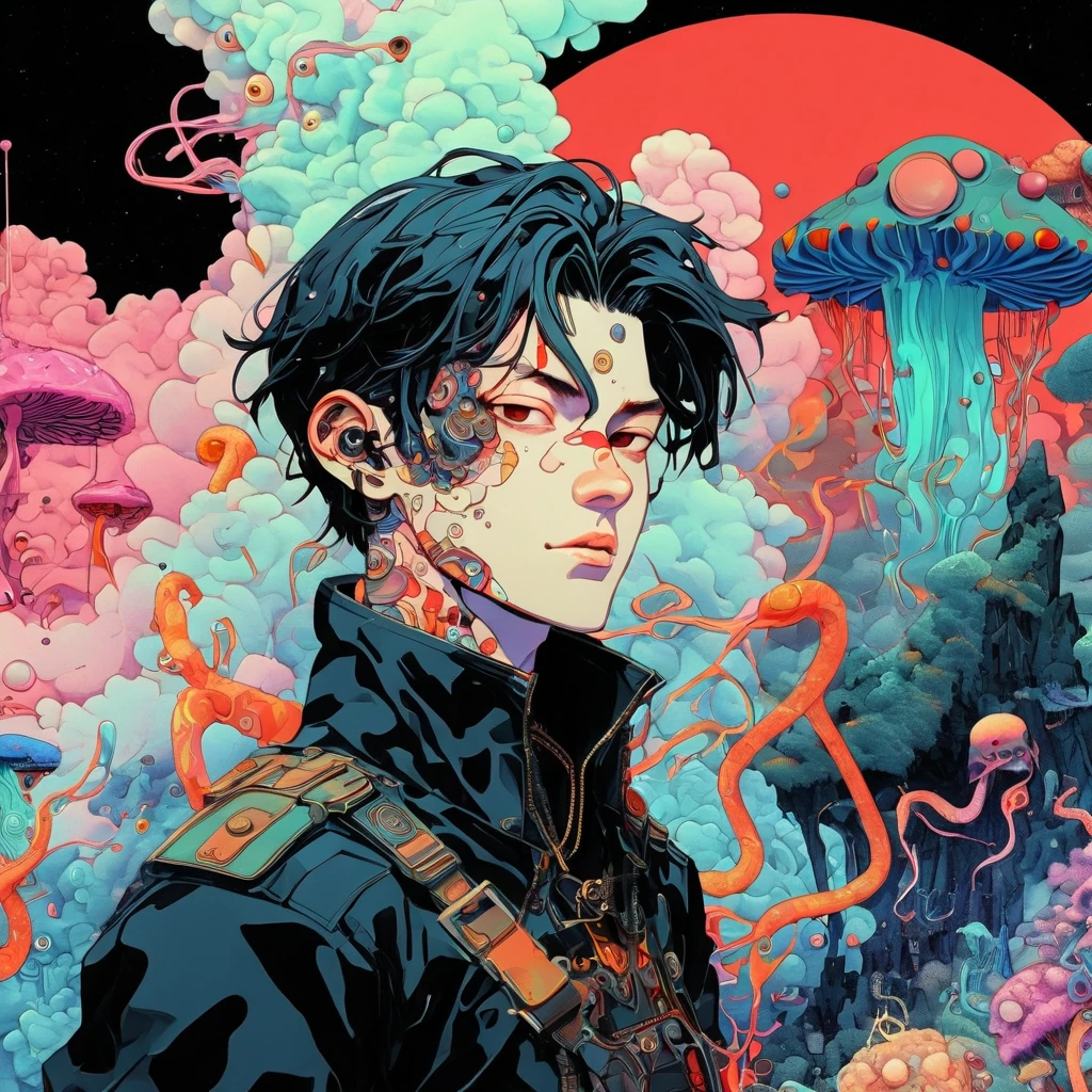 &quot;James Jean Simple&quot; Psychedelic Art，Mask ，Chasing in space , anime, anime, anime art, anime, anime comics, anime, anime art, anime, anime, anime, anime, anime, best anime 4k konachan wallpaper, Digital Cyberpunk - Anime Art, digital cyberpunk anime art, cyberpunk anime, anime cyberpunk art, cyberpunk anime art, anime cyberpunk, digital cyberpunk anime!!, metal gear solid anime cyberpunk, male police , leather (vibrant cyberpunk-hued colors:1.4), dark and moody, (Victo Ngai inspired head and shoulders shot, ink wash, toon rendering of a beautiful Costa Rican woman smiling, colorful background with orchids and jellyfish) by Anita Bathe, Phil Lashio, Seymour Buttz, Wilma Dickfit, epic clouds, Unreal Engine, octane rendering, high quality, high resolution, high precision, realistic, color correction, good lighting settings, low noise, sharp edges, harmonious composition, award-winning work, surrealism, dark art by james jean and takato yamamoto Moebius (Jean Giraud) Style - A captivating portrait by Jean Giraud Moebius, ((masterpiece)), ((best quality)), (highest quality masterpiece), (masterpiece), (masterpiece, best quality), Psychedelic Abstract Art, puzzling, melt, Bright colors, Michael DeForge (Michael Deforge) Inspired by Pop Art, Mumford, tumblr, Psychedelic Art, Psychedelic illustration, Psychedelic Trip, Psychedelic Trip, retro Psychedelic illustration, Psychedelic Art style, psychedelic style, Surreal psychedelic design, LSD Trip, Psychedelic Fever Dream, psychedelics, Shaman horror LSD art, psychedelics. PsyAI, Psychedelic, Visionary art, DMT, and LSD style by Moebius.       Art style by Shintaro Kago, A character with a surreal, fragmented face, where each piece is rearranged like a puzzle. The skin is porcelain-like with unnatural, glossy reflections. Some pieces are missing, revealing a complex machinery beneath, juxtaposing organic and mechanical elements. The background is a chaotic, black-and-white geometric pattern that distorts perspective.