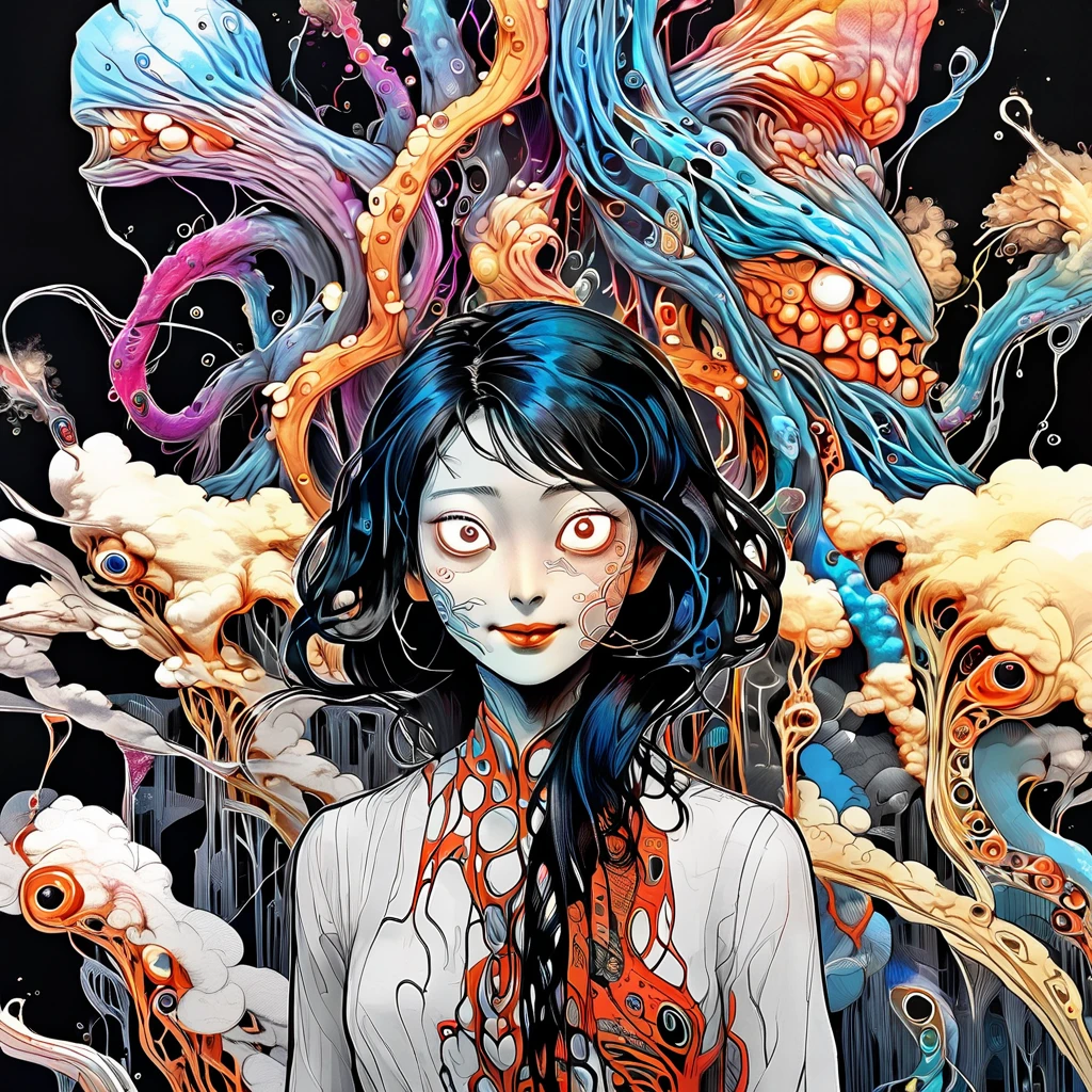 (vibrant cyberpunk-hued colors:1.4), dark and moody, (Victo Ngai inspired head and shoulders shot, ink wash, toon rendering of a beautiful Costa Rican woman smiling, colorful background with orchids and jellyfish) by Anita Bathe, Phil Lashio, Seymour Buttz, Wilma Dickfit, epic clouds, Unreal Engine, octane rendering, high quality, high resolution, high precision, realistic, color correction, good lighting settings, low noise, sharp edges, harmonious composition, award-winning work, surrealism, dark art by james jean and takato yamamoto , snakes in hairs 