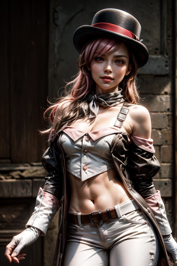 pink and brown hair, multicolored hair, neopolitanatlas, bowler hat, grey scarf, white gloves, white shirt, off-shoulder shirt, black sleeves, midriff, white belt, white pants, smile, sunny day, standing next to canal, cowboy shot, masterpiece, heart shaped face, elegant face, beautiful face, highly detailed face, highly detailed skin, skin pores, subsurface scattering, realistic pupils, looking at viewer, full lips, detailed background, depth of field, atmospheric perspective, volumetric lighting, sharp focus, absurdres, realistic proportions, good anatomy, (realistic, hyperrealistic:1.4), 16k hdr,