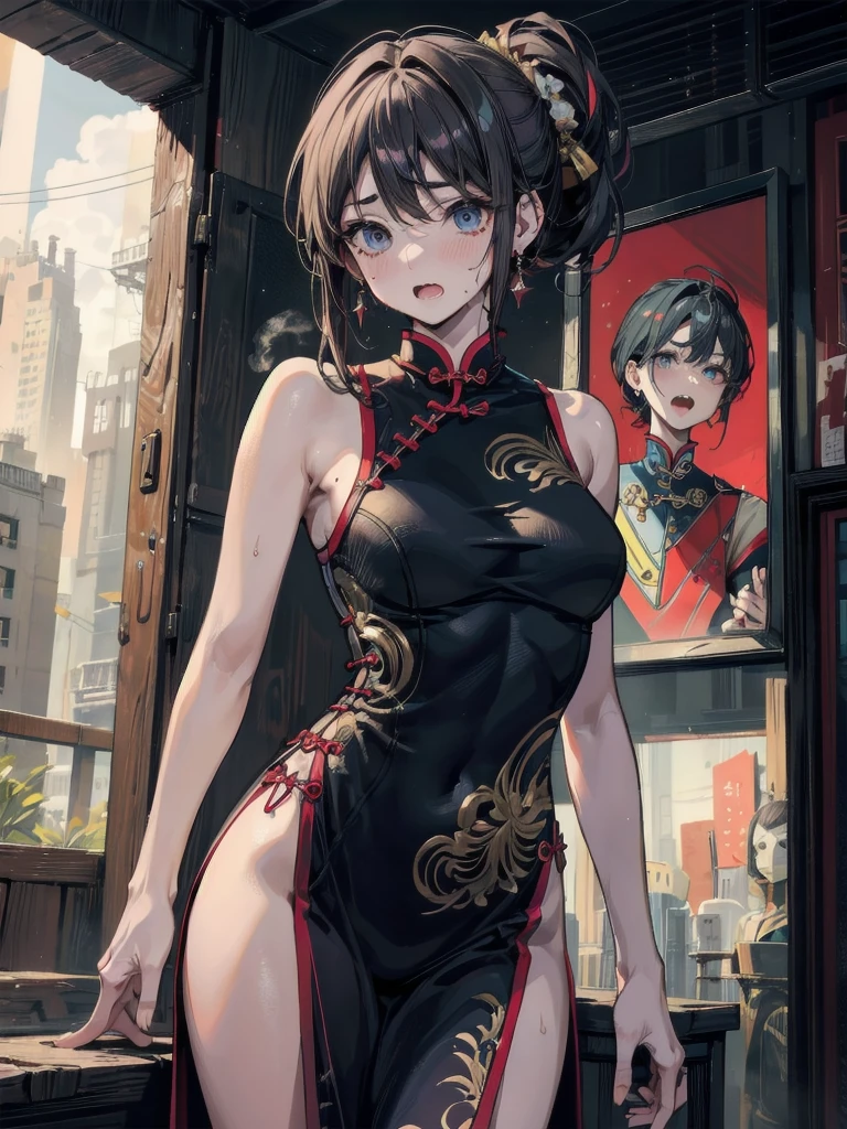 top-quality、hight resolution、super precision、masterpiece、8K、(1人の女性)、(((extra detailed face)))、8 Head Body、nightcity、
(Composition seen from behind)、(standing on street corner)、buttocks visible、The back is visible、nape、Grabbing the hem of clothes、wonderment、Sweat on the face、sweat on the body、Plump eyes、(There's a great light in my eyes)、Eyes sparkle、Wet eyes)、Fine skin、 (((qipao dress)))、(beautiful jewel embroidery)、off shoulders、thighs thighs thighs thighs、large full breasts、Deep slit、 ((untie the hair))、(hair adornments)、Beautie、Embarrassing、Feels、