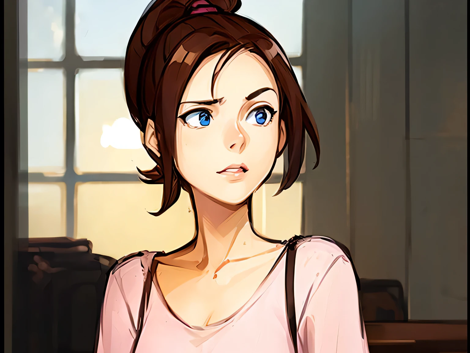 (masterpiece, best quality:1.2) 1girl, woman in her early 20s, pink shirt, face close-up, brown hair, ponytail, indoors, blue eyes, lipstick, looking at viewer, Ferumbras

