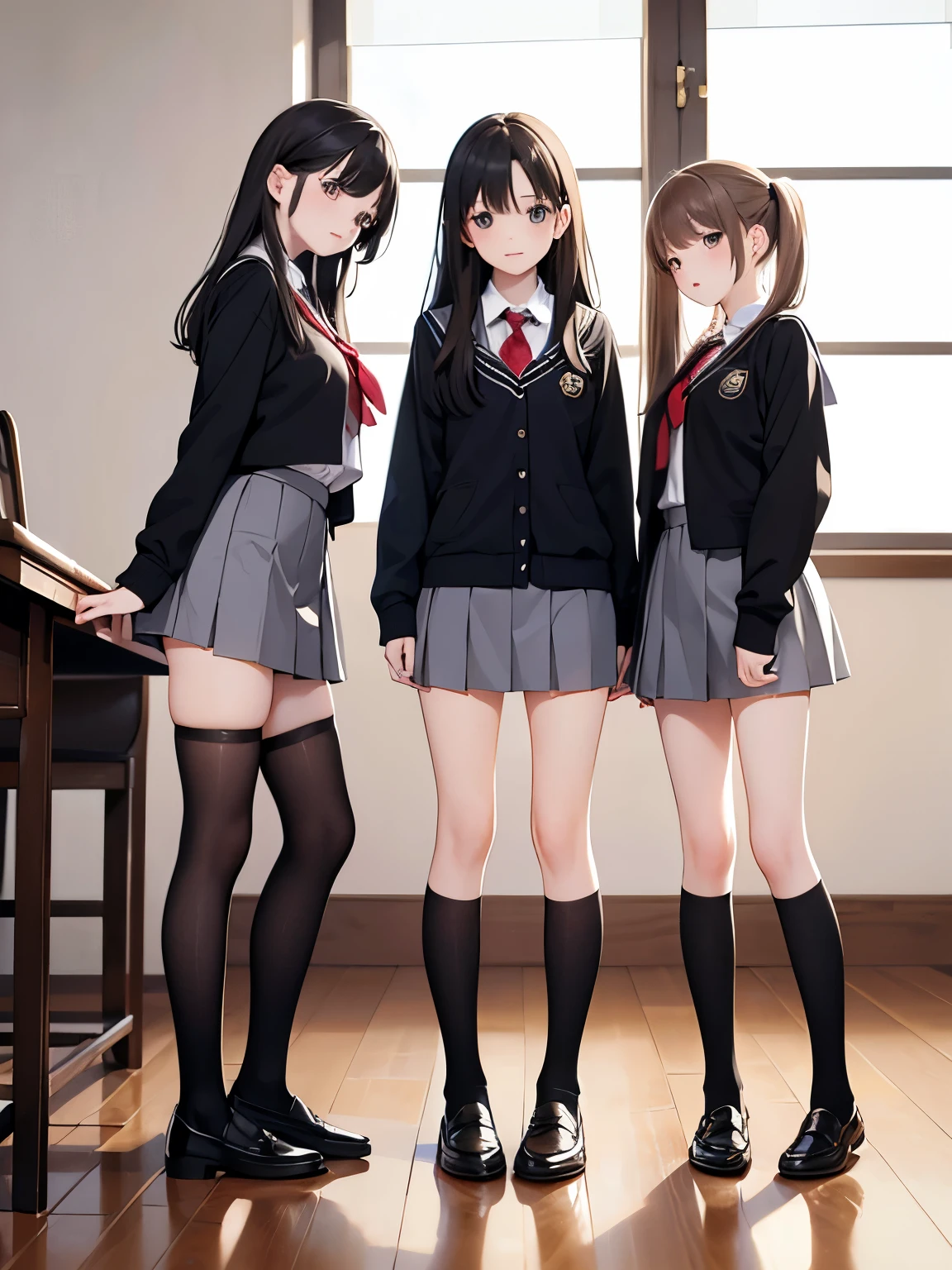     Masterpiece  ,   High Quality  ,   3 girls ,   school uniform,  Black socks、 calf socks 、ミッド calf socks ,   brown loafers ,Tight fitting clothes、  miniskirt、  standing