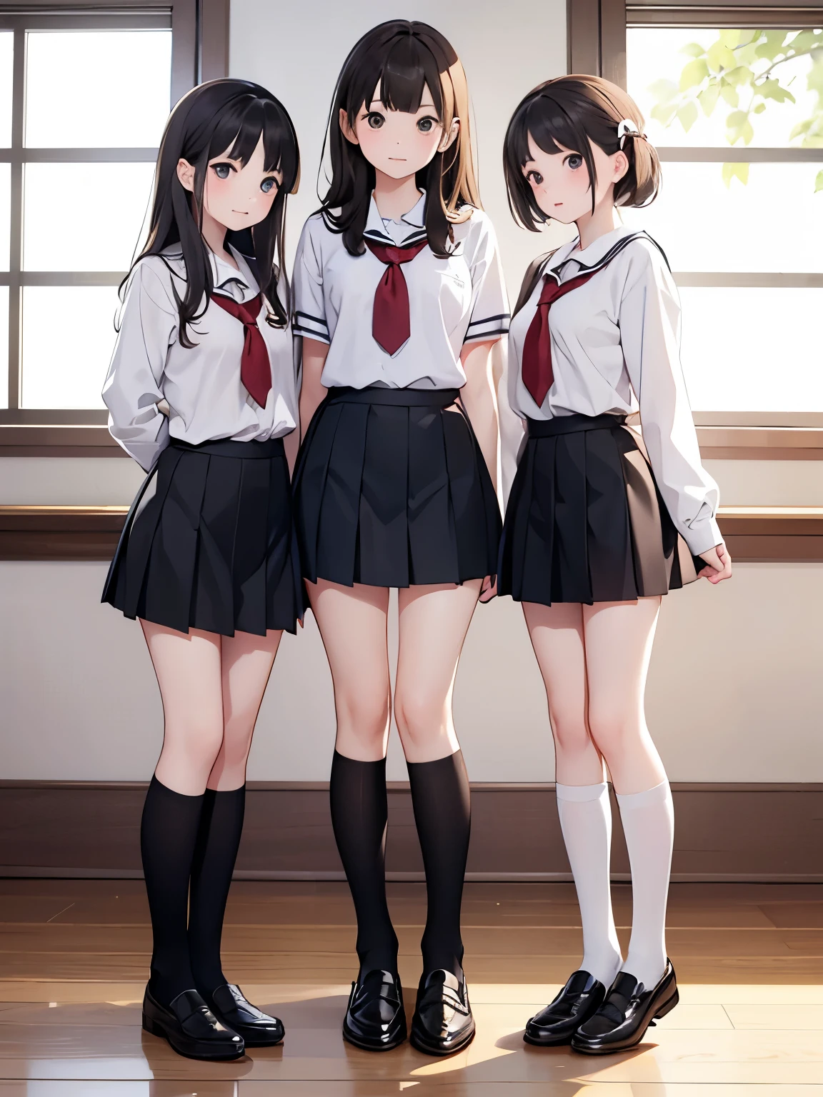     Masterpiece  ,   High Quality  ,   3 girls ,   school uniform,  Black socks、 calf socks 、ミッド calf socks ,   brown loafers ,Tight fitting clothes、  miniskirt、  standing