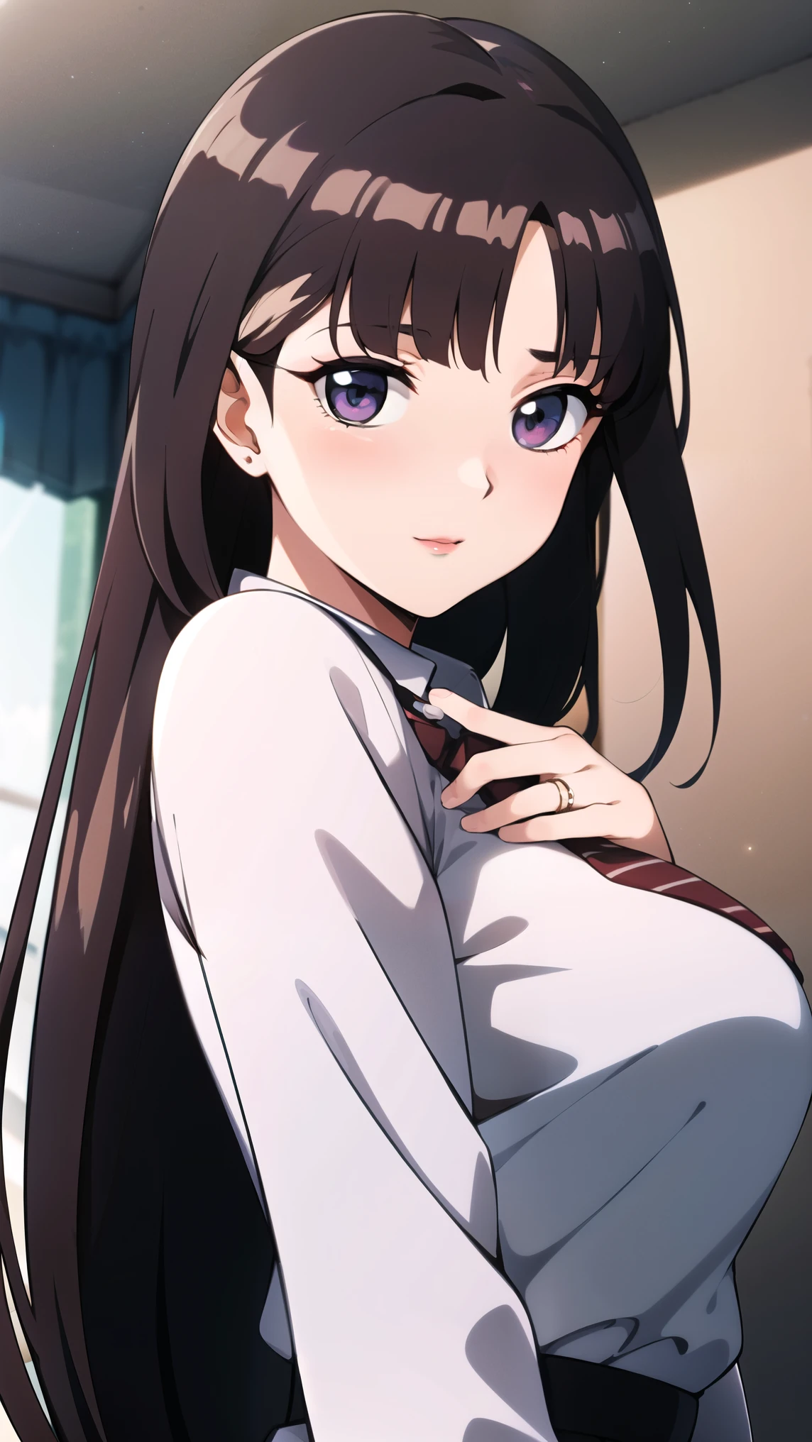 full body, school uniform, red tie, white shirt, blue sweater vest, pleated skirt, hair clip, hair ornament, red eyes:1.5, red lips:1.5, bangs, black hair, long hair,1 girl, 18yo, young female, beautiful finger, Beautiful long legs, Beautiful body, Beautiful Nose, Beautiful character design, perfect eyes, perfect face, expressive eyes, perfect balance, looking at viewer,(Focus on her face),closed mouth, (innocent big eyes:1.0),(Light Smile:0.3),official art, extremely detailed CG unity 8k wallpaper, perfect lighting, Colorful, Bright Front face Lighting, White skin,(masterpiece:1.0),(best quality:1.0), ultra high res,4K,ultra-detailed,photography, 8K, HDR, high-res, absurdres:1.2, Kodak portra 400, film grain, blurry background, bokeh:1.2, lens flare, (vibrant color:1.2),professional photograph,(Beautiful, big breasts:1.1), (beautiful face:1.5),(narrow waist),