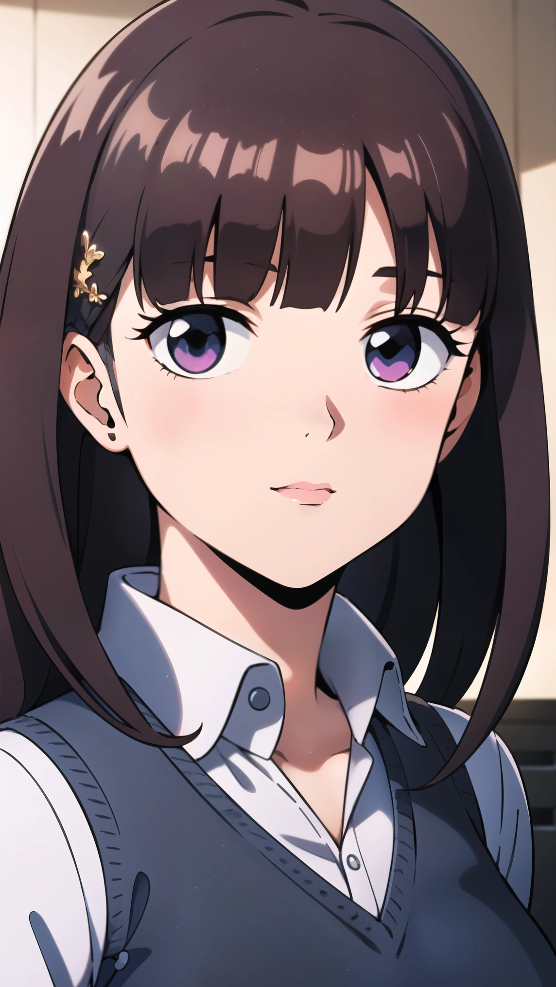 full body, school uniform, red tie, white shirt, blue sweater vest, pleated skirt, hair clip, hair ornament, red eyes:1.5, red lips:1.5, bangs, black hair, long hair,1 girl, 18yo, young female, beautiful finger, Beautiful long legs, Beautiful body, Beautiful Nose, Beautiful character design, perfect eyes, perfect face, expressive eyes, perfect balance, looking at viewer,(Focus on her face),closed mouth, (innocent big eyes:1.0),(Light Smile:0.3),official art, extremely detailed CG unity 8k wallpaper, perfect lighting, Colorful, Bright Front face Lighting, White skin,(masterpiece:1.0),(best quality:1.0), ultra high res,4K,ultra-detailed,photography, 8K, HDR, high-res, absurdres:1.2, Kodak portra 400, film grain, blurry background, bokeh:1.2, lens flare, (vibrant color:1.2),professional photograph,(Beautiful, big breasts:1.1), (beautiful face:1.5),(narrow waist),