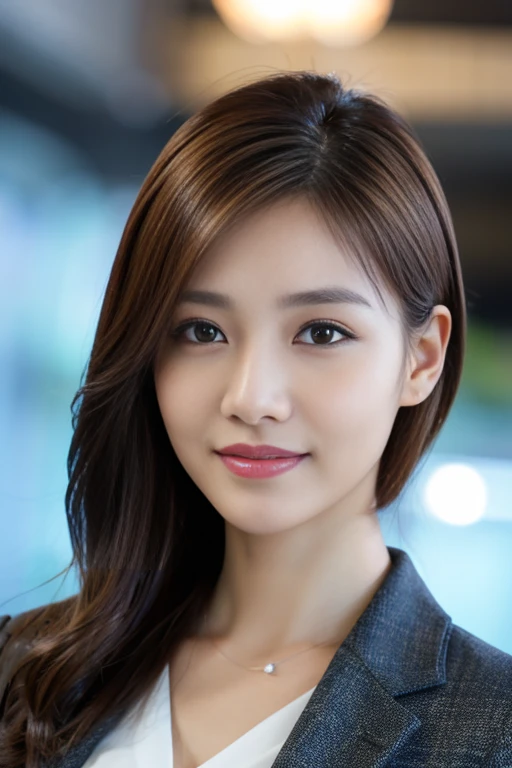 masutepiece, Best Quality, Photorealistic, Ultra-detailed, finely detail, High resolution, 8K Wallpaper, 1 beautiful woman, streaked hair, in a business suit, sharp focus, Perfect dynamic composition, Beautiful detailed eyes, detailed hairs, Detailed realistic skin texture, Smiling, full body portrait, Model body type