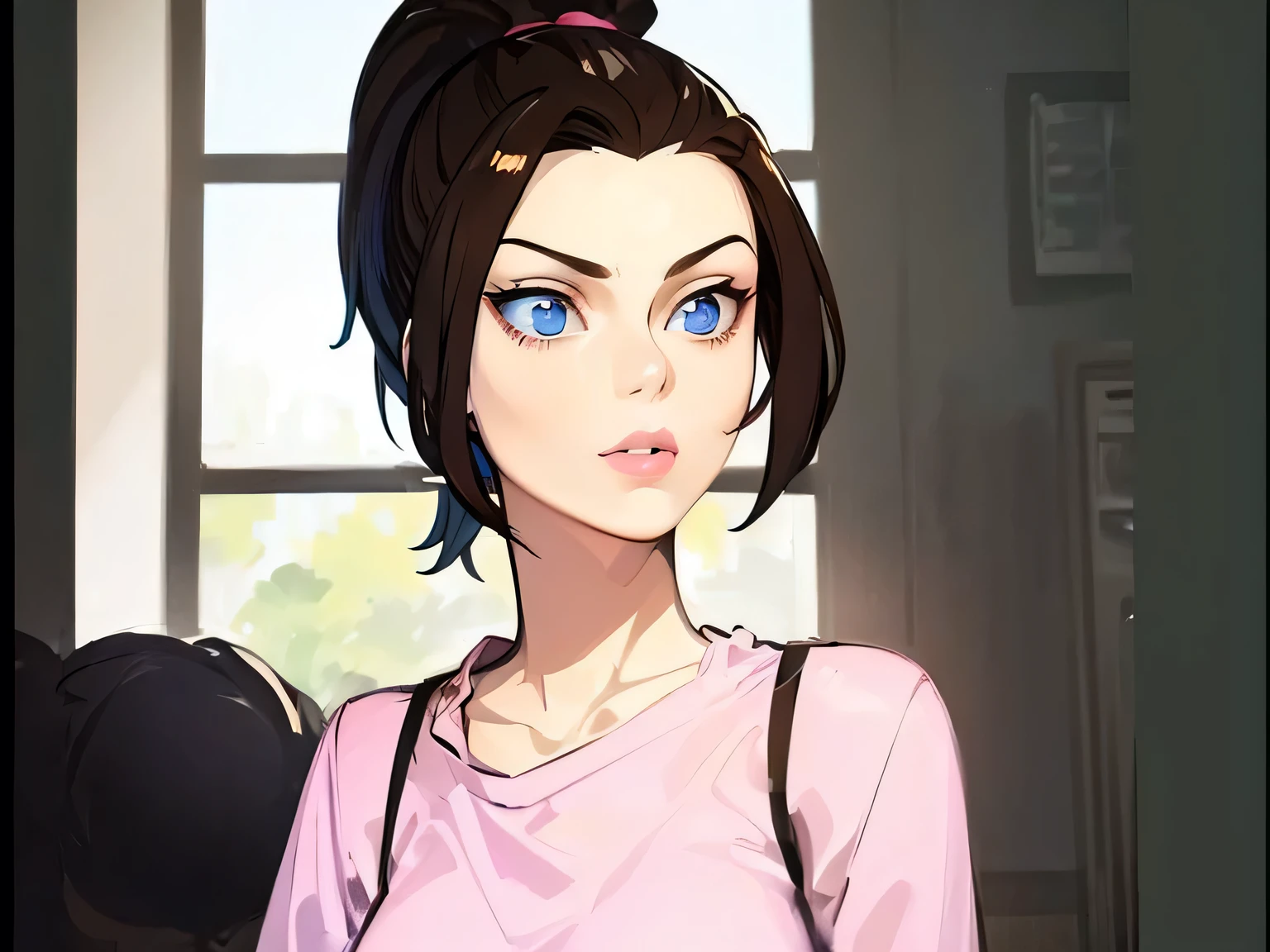 (masterpiece, best quality:1.2) 1girl, woman in her early 20s, pink shirt, face close-up, brown hair, ponytail, indoors, blue eyes, lipstick, looking at viewer, sil_species

