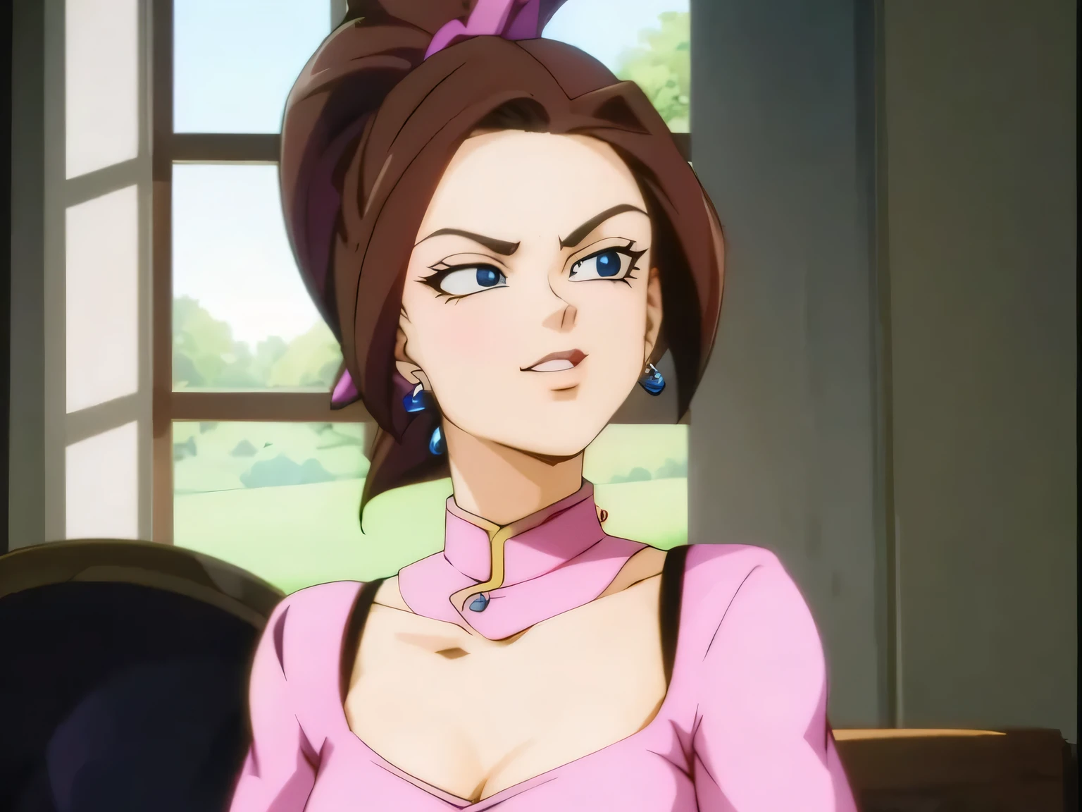 (masterpiece, best quality:1.2) 1girl, woman in her early 20s, pink shirt, face close-up, brown hair, ponytail, indoors, blue eyes, lipstick, looking at viewer, West Supreme Kai
