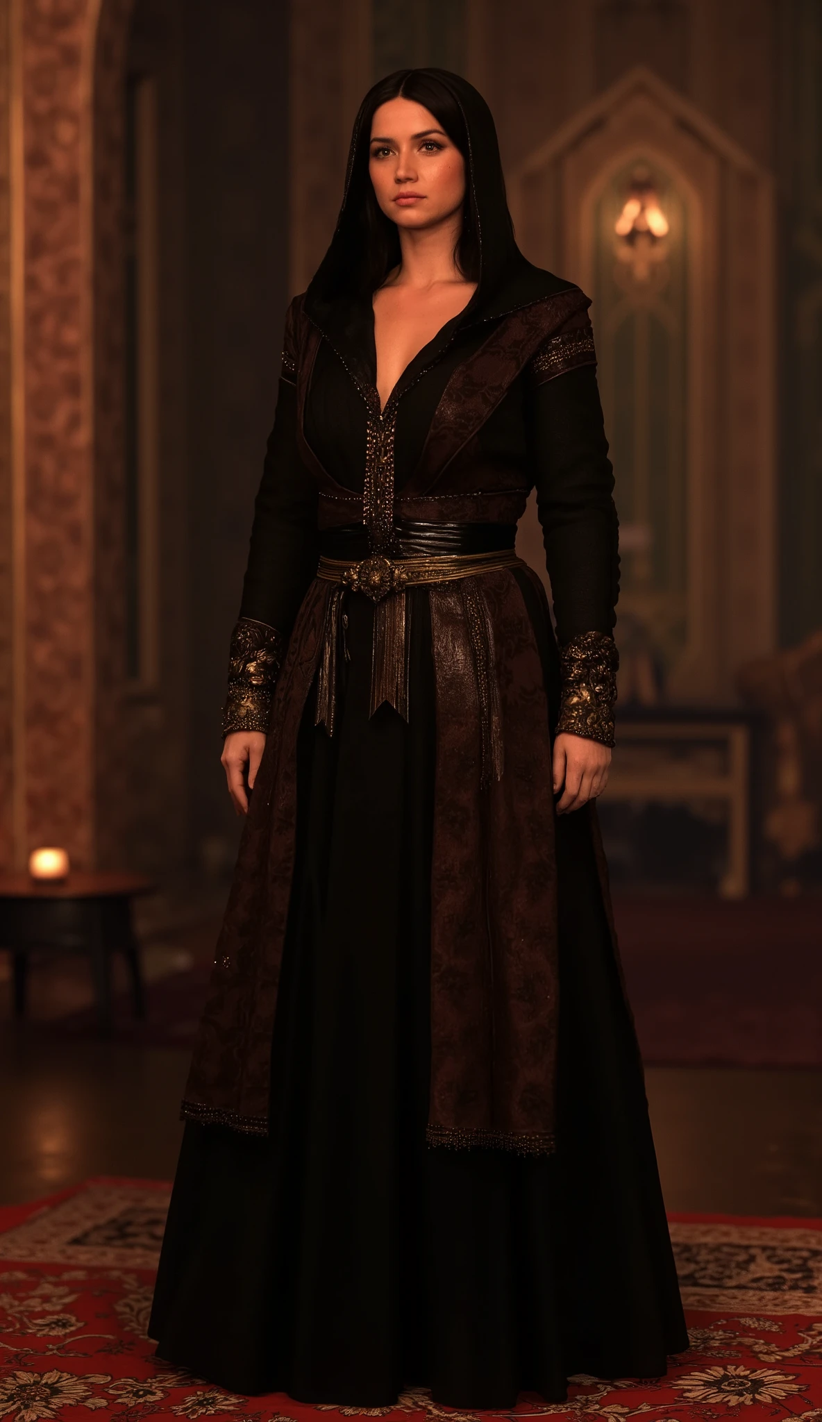 Front View , full body, Standing Pose , Arabian tent , Persian carpet on the floor , Candle light, Game character is Assassin's Creed, Ancient Persian Girl , 20-age Exotic Persian Woman , (black hair ,short Hair, Brown Eyes , serious lip ,eye round black paint), (middle , middle ), ( black over hood style dress, 1 piece dark brown costume,leather belt, leather long boot ) night, (( Surrealism , high definition , retina, masterpiece, Anatomically Accurate , Accurate, textured skin, super detailed, High Details , High Quality , high definition , 8k))