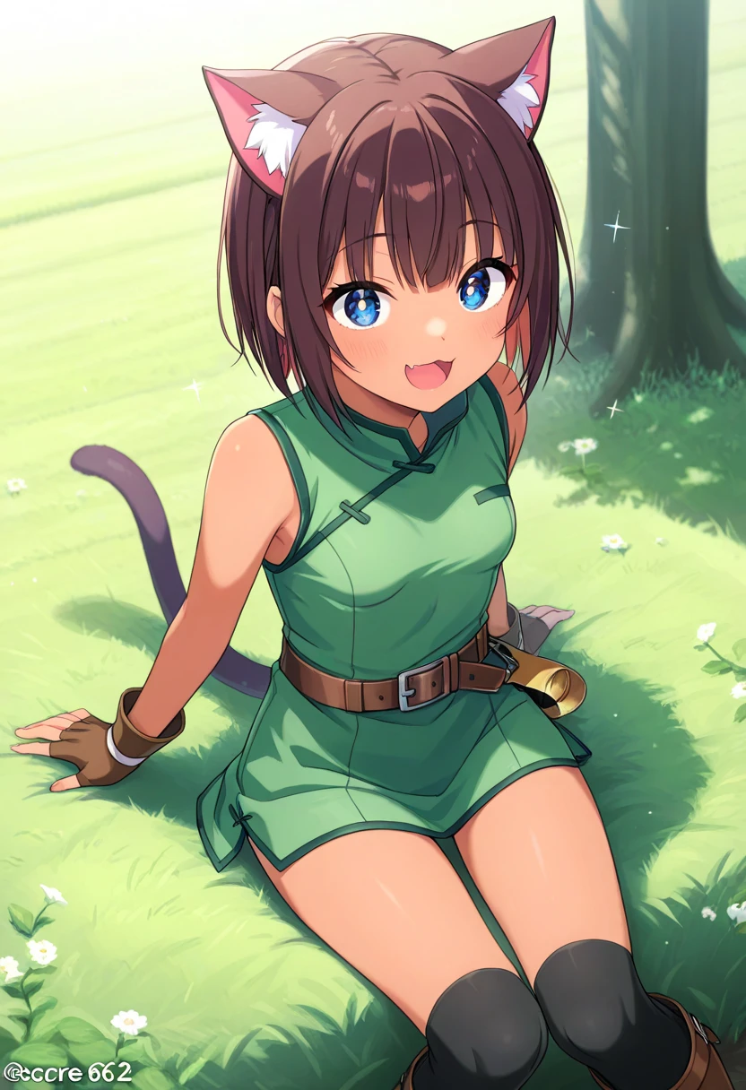  top quality、 anime painting、One girl、 very small breasts 、Slim body、 cat ears and tail 、 Shiny Brown Hair 、 short bob from behind、(brown skin)、Three Red Beards 、large round eyes、Dark blue eyes、Cute single tusk、 yellow-green tunic、Brown leather belt、 Brown Leather Fingerless Gloves、 black knee socks 、 brown leather boots、farm、field、I have vegetables、smile、 open her mouth 、 Sunny