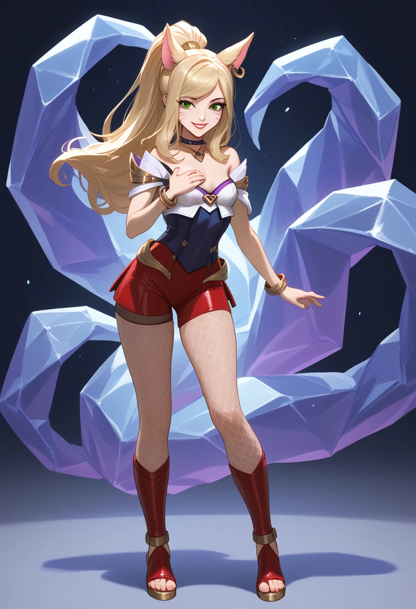 ((Full body photo, standing, feet on the ground))Ahri LoL Pony, 1girl, woman, with long hair, small breasts, voluminous hair, red lips, green eyes, ponytail hair, red earrings, golden necklace, smiling, showing nipple, undressed, grabbing breasts, happy face, excited, looking at viewer, score_9, score_8_up, score_7_up, fishnet stockings, smiling, red leather ballet shoes: 1.6, corsets, fishnet stockings, feel league, fishnet pantyhose, gladiator sandal boots: 1.6,
