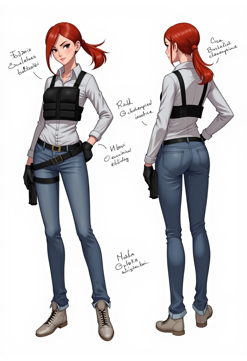 (draw) ((masterpiece,  top quality)) ( Character Design Sheet ,  Same character, Front, side, return, There are words written all around) Woman with long hair, Redhead with ponytail hairstyle,  brown eyes, Wearing a bulletproof vest,  long sleeve zippered shirt, White shirt and jeans, returnpack, Stand and relax