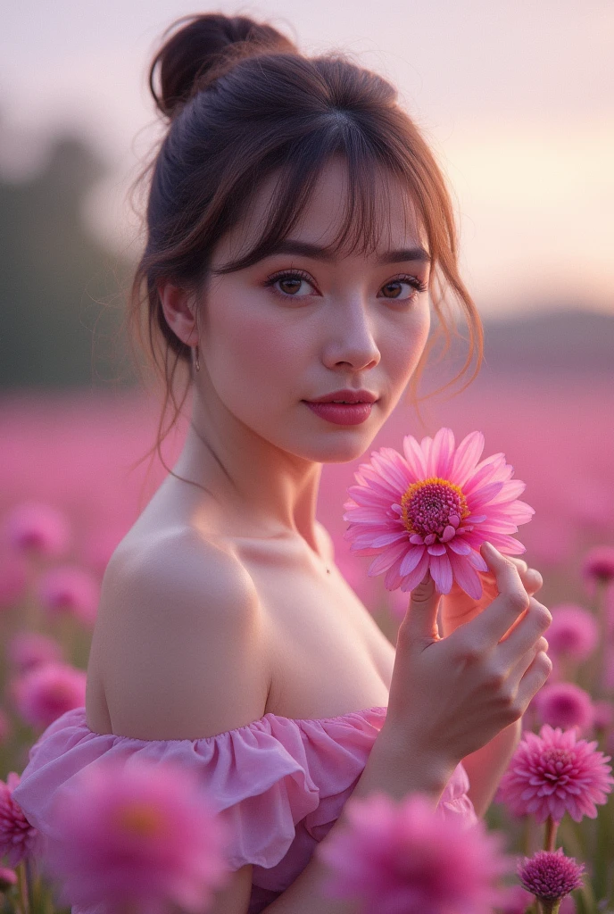 A picture of a beautiful woman holding a vibrant flower, inspired by Audrey Hepburn, piercing eyes details, delicate hands, and elegant appearance, dancing on a meadow, Multibrot style, vibrant and colorful focus portrait, pink and purple colors, drawn by Tracie Grimwood