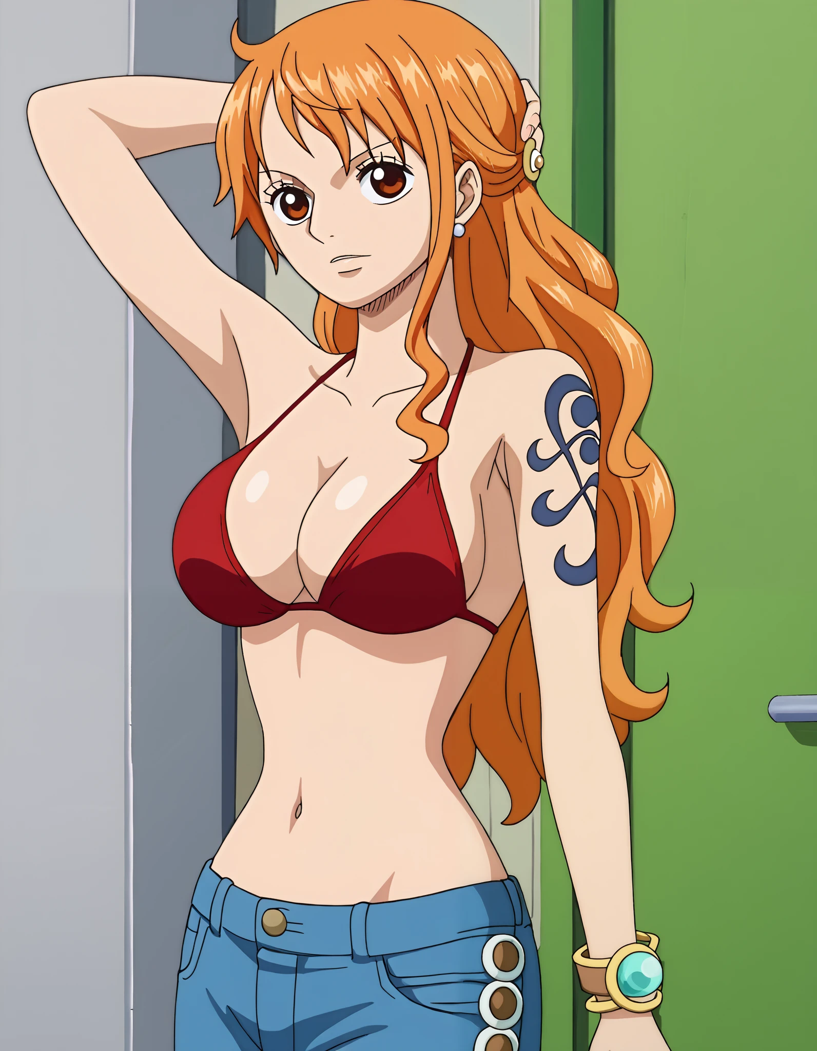 score_9_up, best quality, source_anime, 1girl, Nami, orange hair, red bikini top, jeans, sexy, (armpit:1.0), (medium breasts:1.5), navel,