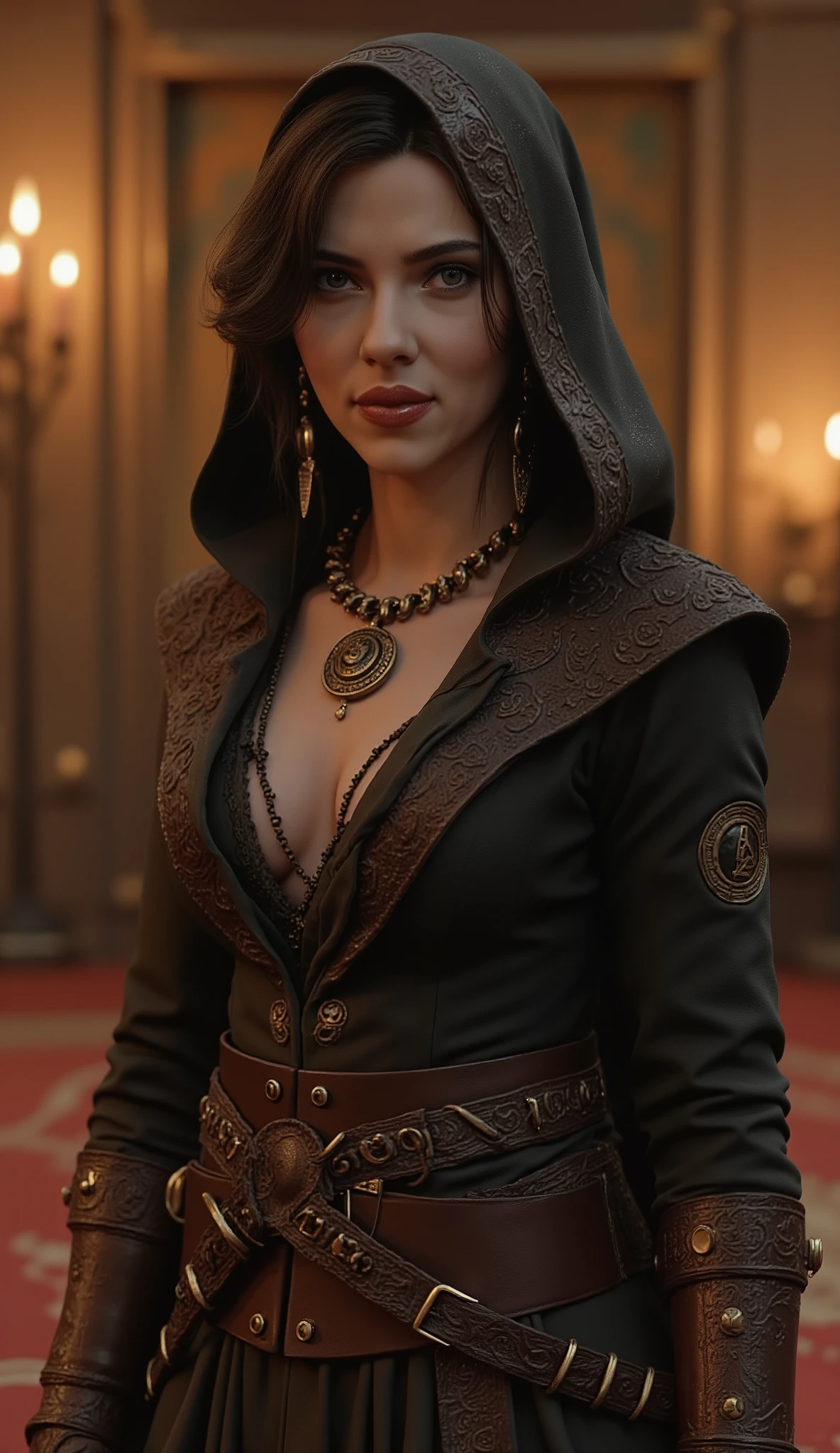 Front View ,  full body,  Standing Pose , Arabian tent ,  Persian carpet on the floor , Candle light, Game character is  Assassin's Creed, Ancient Persian Girl ,   20-age Exotic Persian Woman , (black hair ,short Hair,  Brown Eyes , serious lip ,eye round black paint), (middle Breasts,  middle  hips), ( black over hood style dress, 1 piece dark brown costume,leather belt, leather long boot ) night, (( Surrealism , high definition , retina, masterpiece,  Anatomically Accurate , Accurate, textured skin,  super detailed,   High Details ,  High Quality ,  high definition , 8k))
