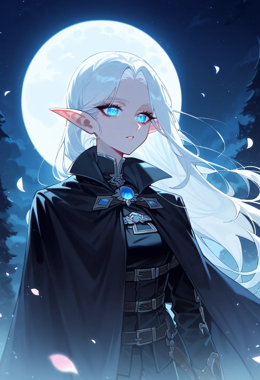 score_9, score_8_up, score_7_up, (absurdres, highres, ultra detailed), 1 woman, adult, beautiful, white girl, elf, pointy ears, long white hair, cristal blue eyes, dark makeup, finely detailed eyes and detailed face, fantasy, night, dark theme, cinematic lighting, colorful, portrait , flying petal, cloudy sky, dark forest, moon, cowboy shot, black clothes, dark theme, night, dark nigth, detailed eyes, dark lighting, elf, rogue, with bow in hands, preparing to shoot, black cape