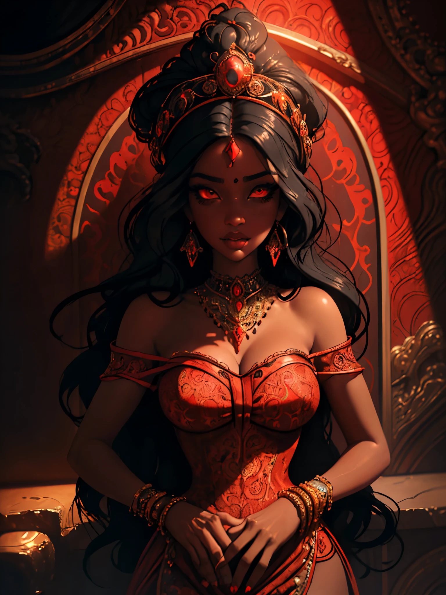 Thug demon queen, character ilustration, royal, magistic, wish, happy, smirk, red jewellery, dark hair,