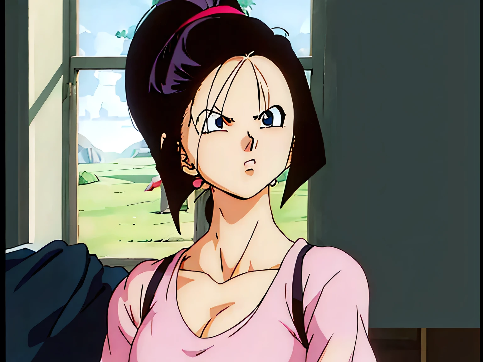 (masterpiece, best quality:1.2) 1girl, woman in her early 20s, pink shirt, face close-up, brown hair, ponytail, indoors, blue eyes, lipstick, looking at viewer, DBZ_peak
