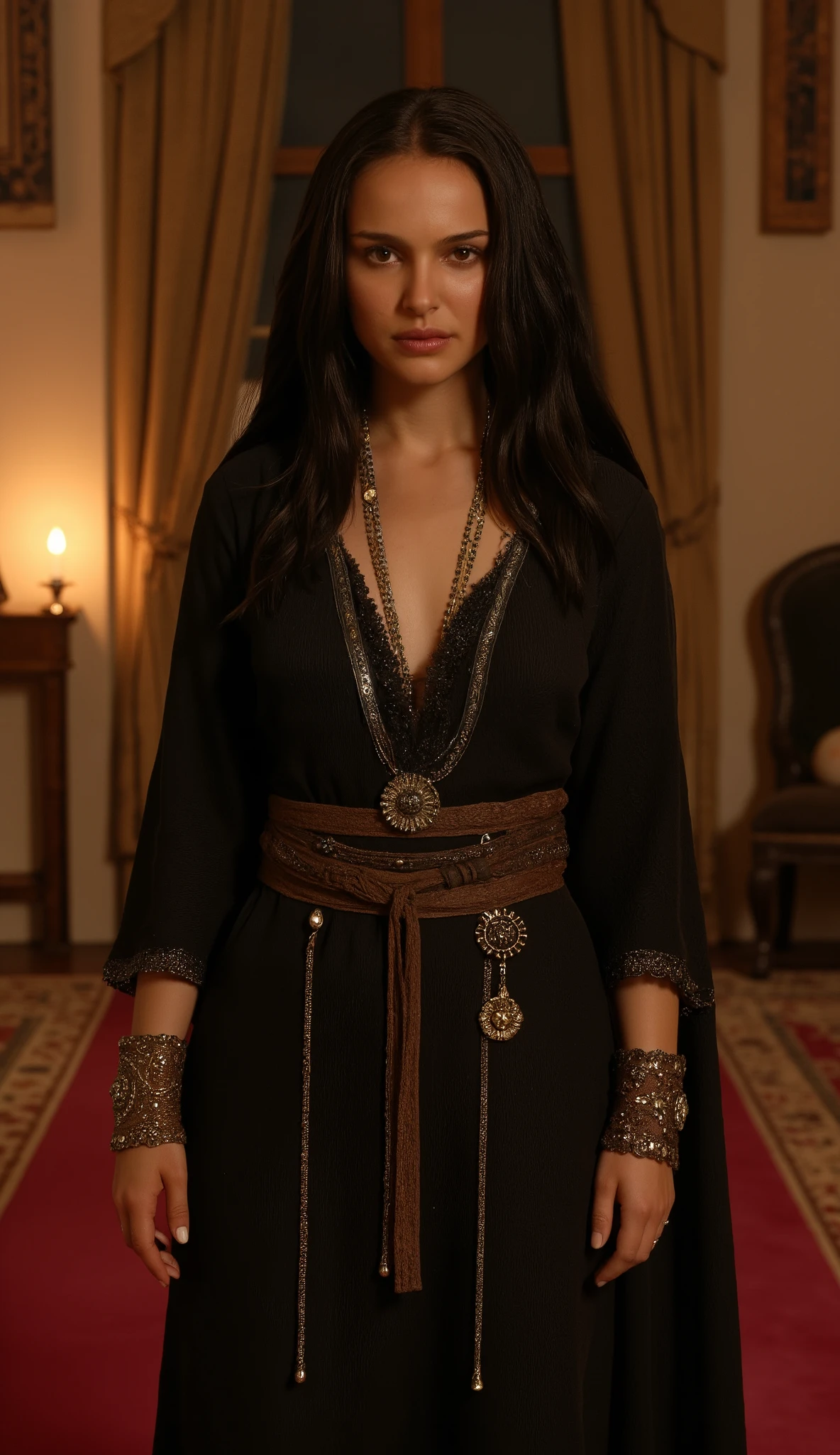 Front View ,  full body,  Standing Pose , Arabian tent ,  Persian carpet on the floor , Candle light, Game character is  Assassin's Creed, Ancient Persian Girl ,   20-age Exotic Persian Woman , (black hair ,short Hair,  Brown Eyes , serious lip ,eye round black paint), (middle Breasts,  middle  hips), ( black over hood style dress, 1 piece dark brown costume,leather belt, leather long boot ) night, (( Surrealism , high definition , retina, masterpiece,  Anatomically Accurate , Accurate, textured skin,  super detailed,   High Details ,  High Quality ,  high definition , 8k))

