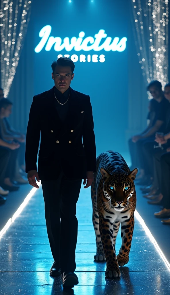 Create a realistic image where a boy wearing black luxury suit and sitting on a king size chair, there is smoke in the background of a shadow of a lion and lion's eyes is glowing in blue colour. In background the name " J " is showing in bold and neon effects just above the head of the character as per his name.