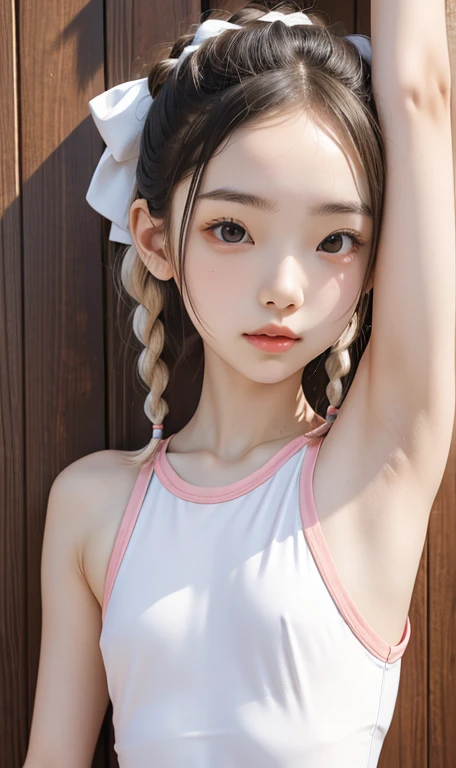  rhytmic gymnast girl,skinny,white skin,twin braids,armpit
