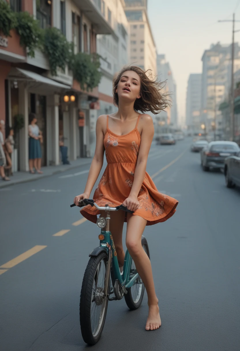 score_9, score_8, score_7_up, 1girl, magnificent body, highest pleasure, sexy girl in a short summer dress riding a bike, no panties, the wind scuffs the dress, shows under the dress naked body