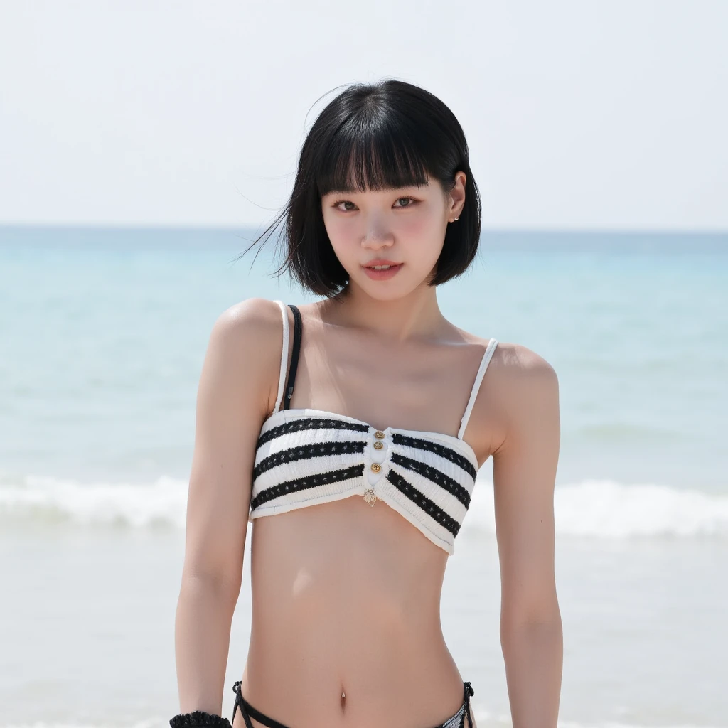  white skin，naked，completely naked， She has a bombshell body and  、Wearing a bikini ,      pretends to be a fashion model but turns pale, (   beach   ),    beautiful details  ,  face , high definition , 