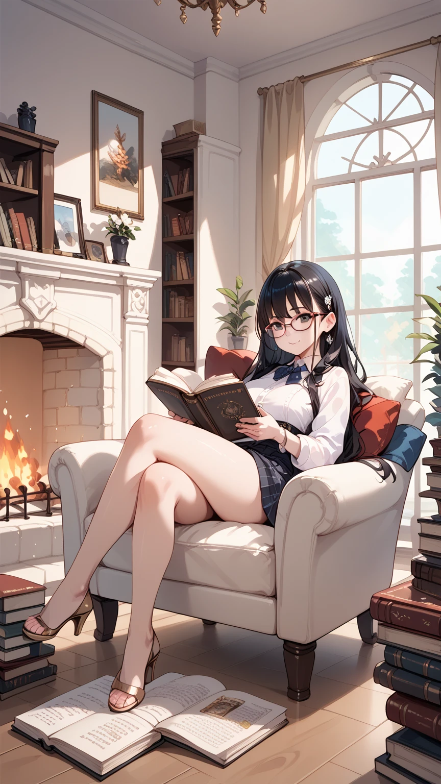 A girl with black hair and glasses reading a book in front of a fireplace