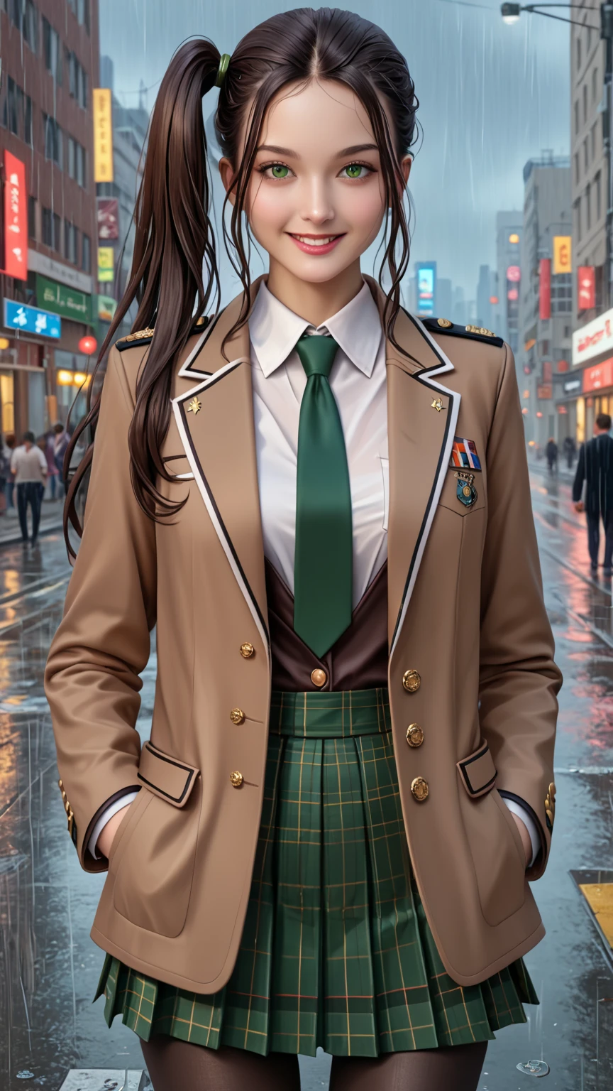 nsfw, masterpiece, best quality,amazing quality, semi-realistic detailed CG, ultra-detailed,Sharp Focus, high contrast, 1girl, detailed green eyes, slightly smile, detailed semi-long hair, dark brown silky hair,  forehead, sliced back hair, side ponytail, contrapposto, Captivating thighs, uniform, brown blazers, (hads in pocket, unbutton), Green tie, Plaid Pleated Skirt, black tights, rainy cyber city, at night