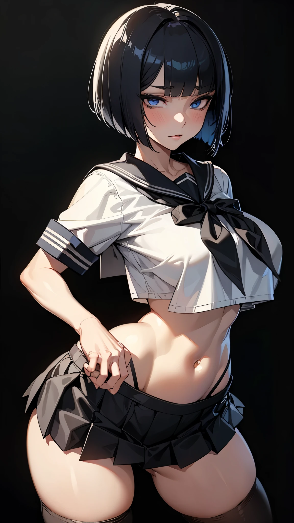8K,master piece,anime,Perfect Anatomy,Suguha Kirigaya,(fullbody),1female,crossed eyes,(rolling eyes),open mouth,(tongue out),(crying),short sleeved white sailor suit,underboob,micro pleated skirt,(groin),(black thighhigh stocking),((highheel short boots)),short hair,(Very small waist and slim body)