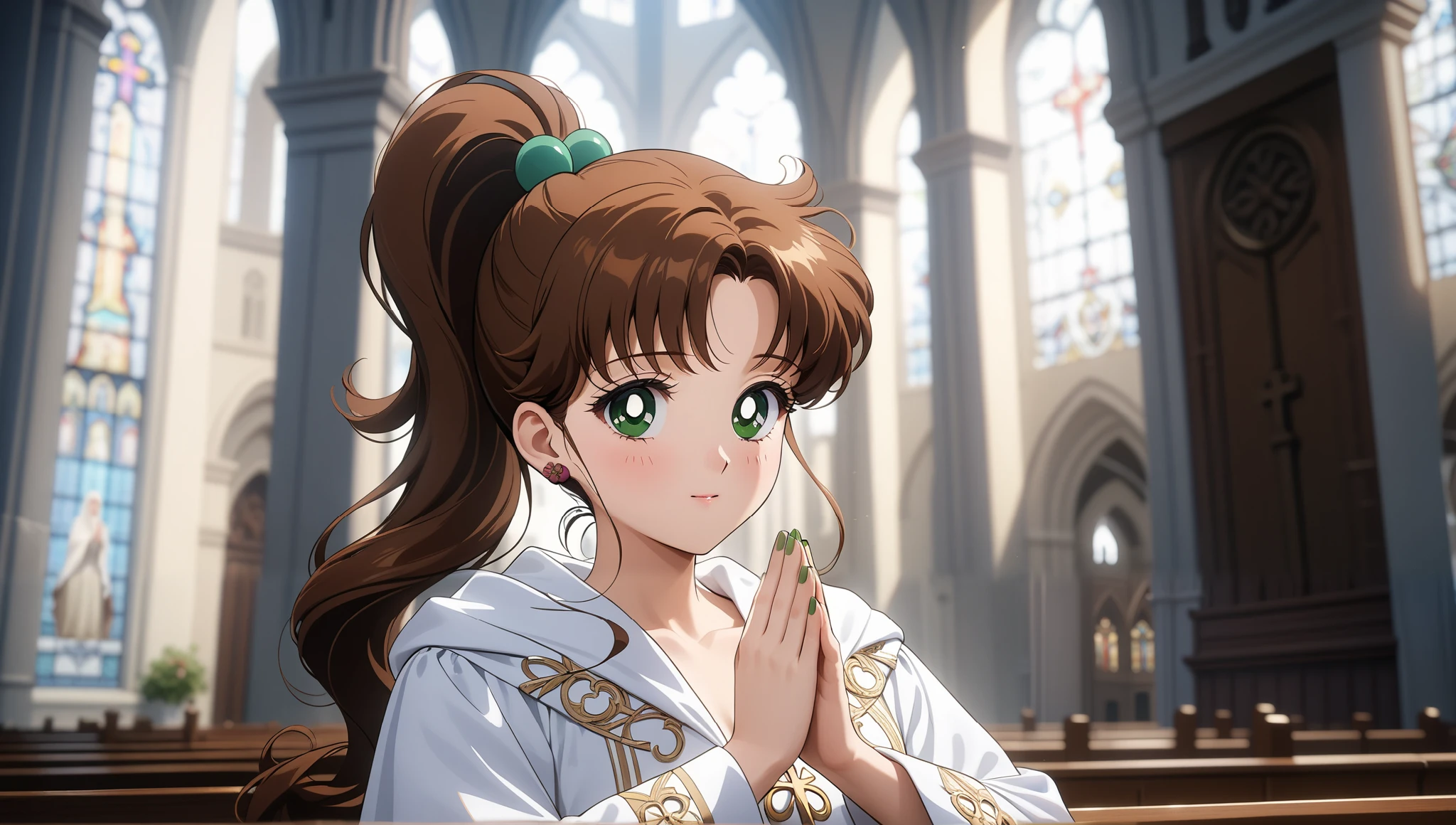 ((upper body)) (masterpiece, best quality, very aesthetic , ultra detailed), intriguing details , 4K, HIGH DEFINITION, POV, aajupiter, long hair, brown hair, ponytail, hair bobbles, green eyes, 1girl, green nails, solo, Best quality, masterpiece, High Definition, church, indoors, detailed background, intricate details, day, white priest robe, praying
