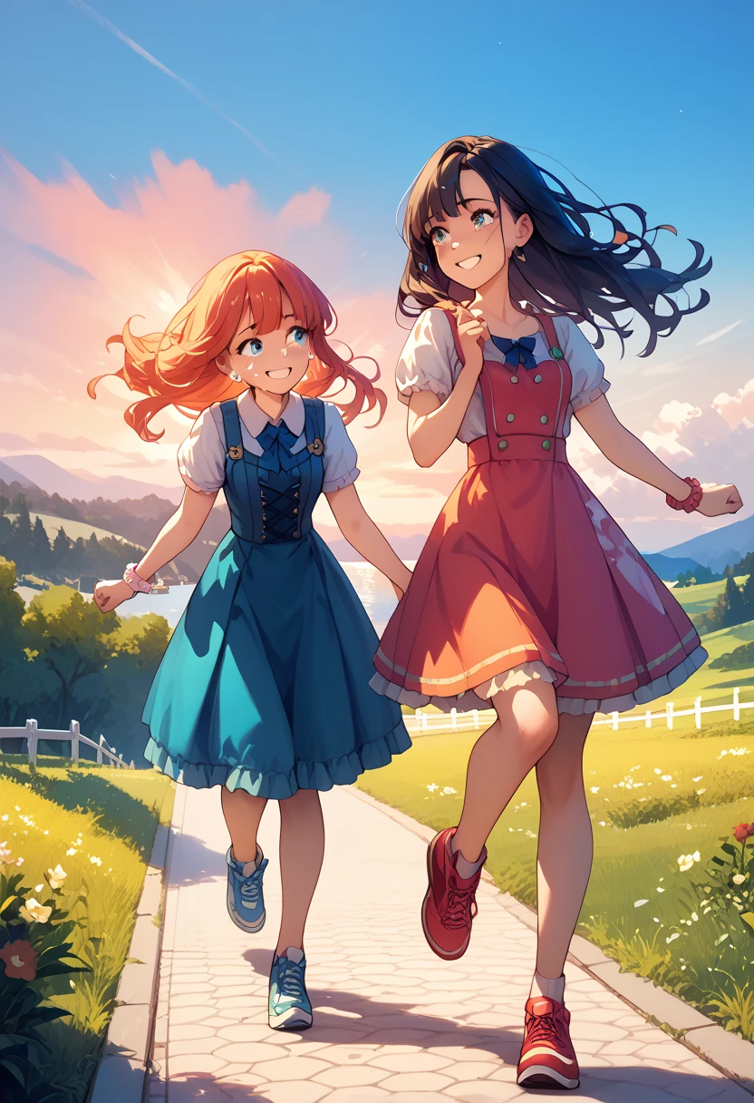 ((masterpiece)), 2girls, moment of farewell, tears running down the cheeks, looking at each other, smiling, sunset scenery.