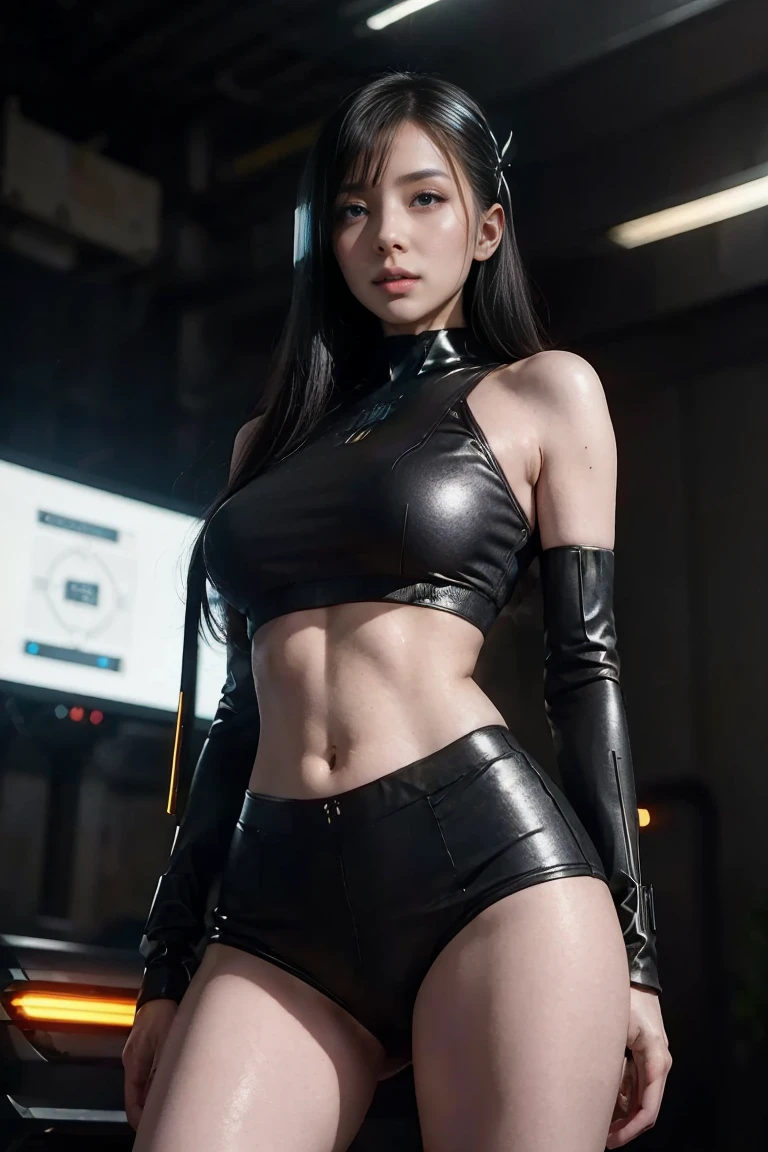 Asian woman 23 years old, Curvaceous Body, cabello largo negro, semi-desnuda, cara hermosa, mirada tierna, roguish smirk, traje robotico estilo cyberpunk, Katana de luz fucsia, Under Thunderstorm, saltando entre edificios, ciudad de Neo Tokio 2077, 3D, 4K high definition resolution, motor unreal 5.0