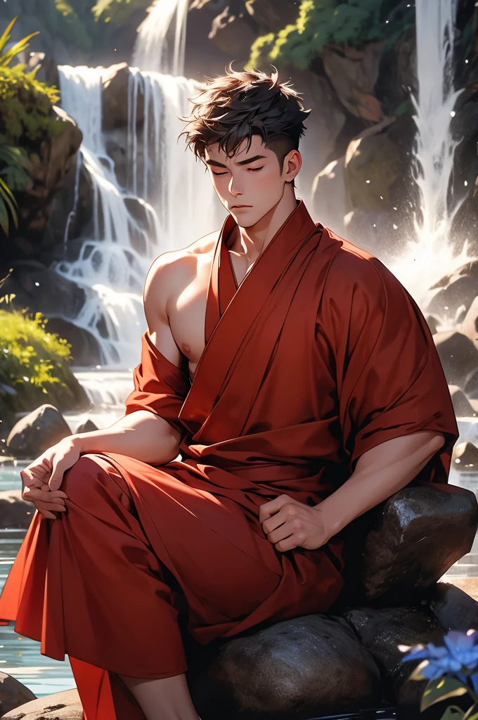 [4k, ultra detailed image, character in 32k, beautiful features] Buddhist monk, short rusty hair, serene face, muscular and powerful body, meditation position, sitting on a rock with a view of a waterfall, [character seen from the front, eyes closed, scar on face]