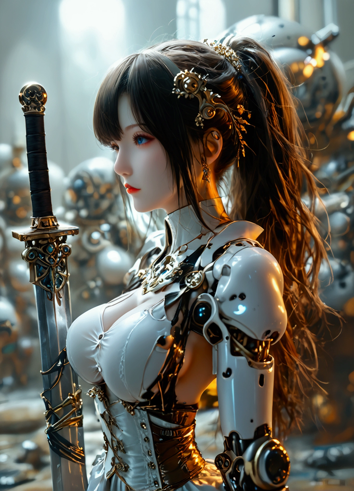 (((masterpiece)))、(( top quality))、( super detailed)、(CG illustration)、( Very Beautiful  ))、Cinematic Light、((( 1 mechanical girl,  android )))、 SF、The End、Erotic and grotesque、graduate School(beautiful and luxurious:1.2)、( 1 girl:1.3)、 facing forward,   full body shot , (( Big Breasts:1.2), (Big Breasts:1.2), ( with raised, well-groomed breasts :1.2), (lift her chest:1.2), ( tight breasts :1.2), ( deep cleaves :1.4), (Double Breasted, underbust pose:1.2), Button Gap ,((( CORSET BELTS ))),((( high waist skirt,))), ( and a long sword on her back :1.4), Battle with giant robots ,  battle scene