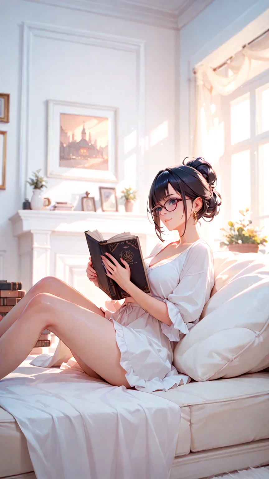 A girl with black hair and glasses reading a book in front of a fireplace