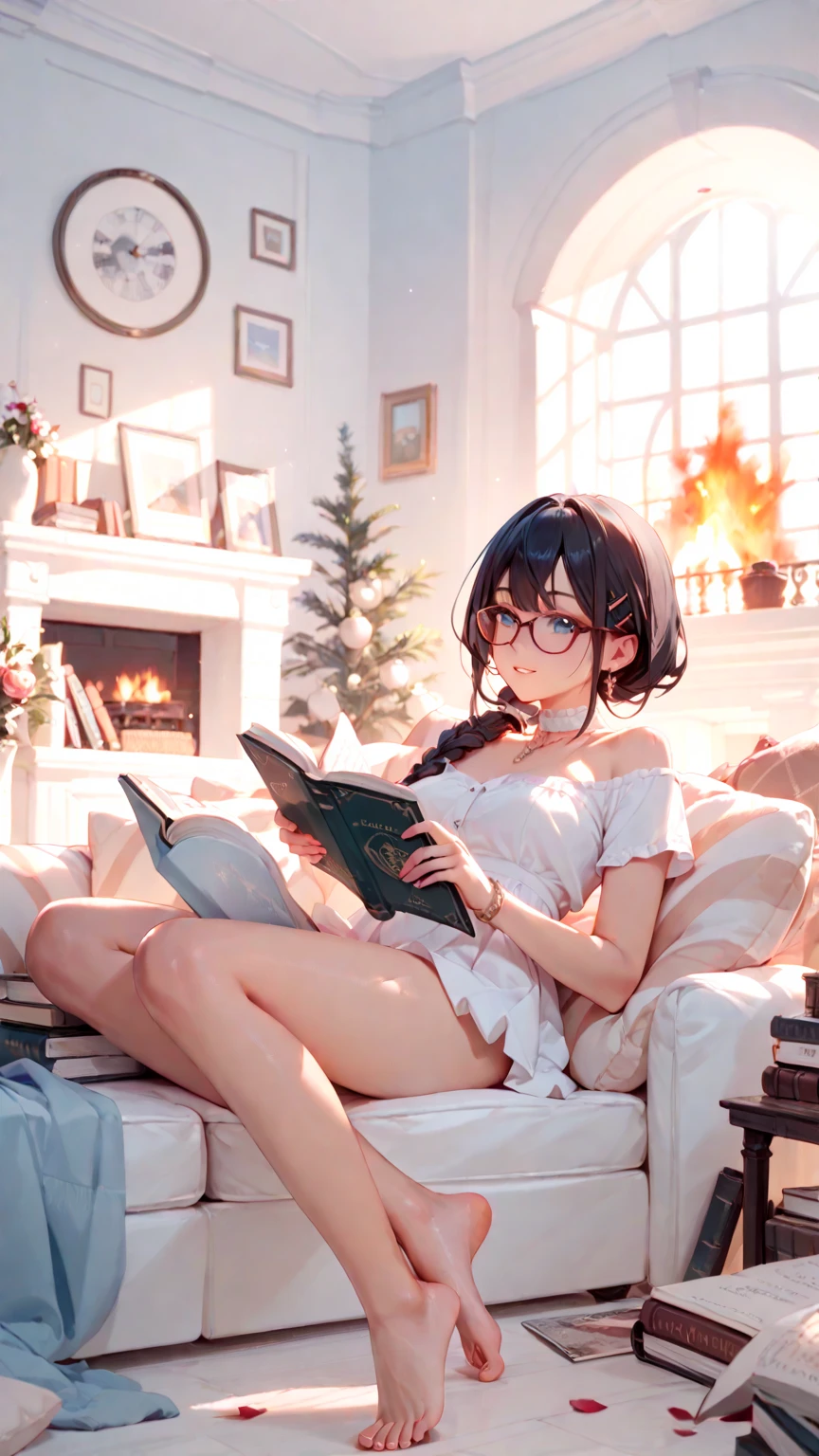 A girl with black hair and glasses reading a book in front of a fireplace