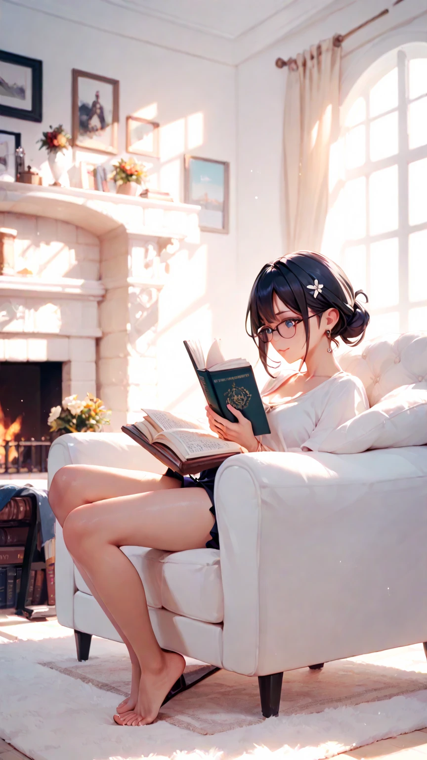 A girl with black hair and glasses reading a book in front of a fireplace