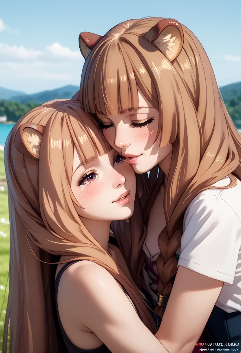 (masterpiece), 2girls, emotional farewell, tears streaming down cheeks, gazing deeply into each other's eyes, bittersweet smiles, breathtaking sunset scenery, Atla and Raphtalia, cinematic lighting, intricate, photorealistic, 8k, dynamic composition, warm color palette, dramatic shadows, impactful expression, tender embrace, melancholic atmosphere